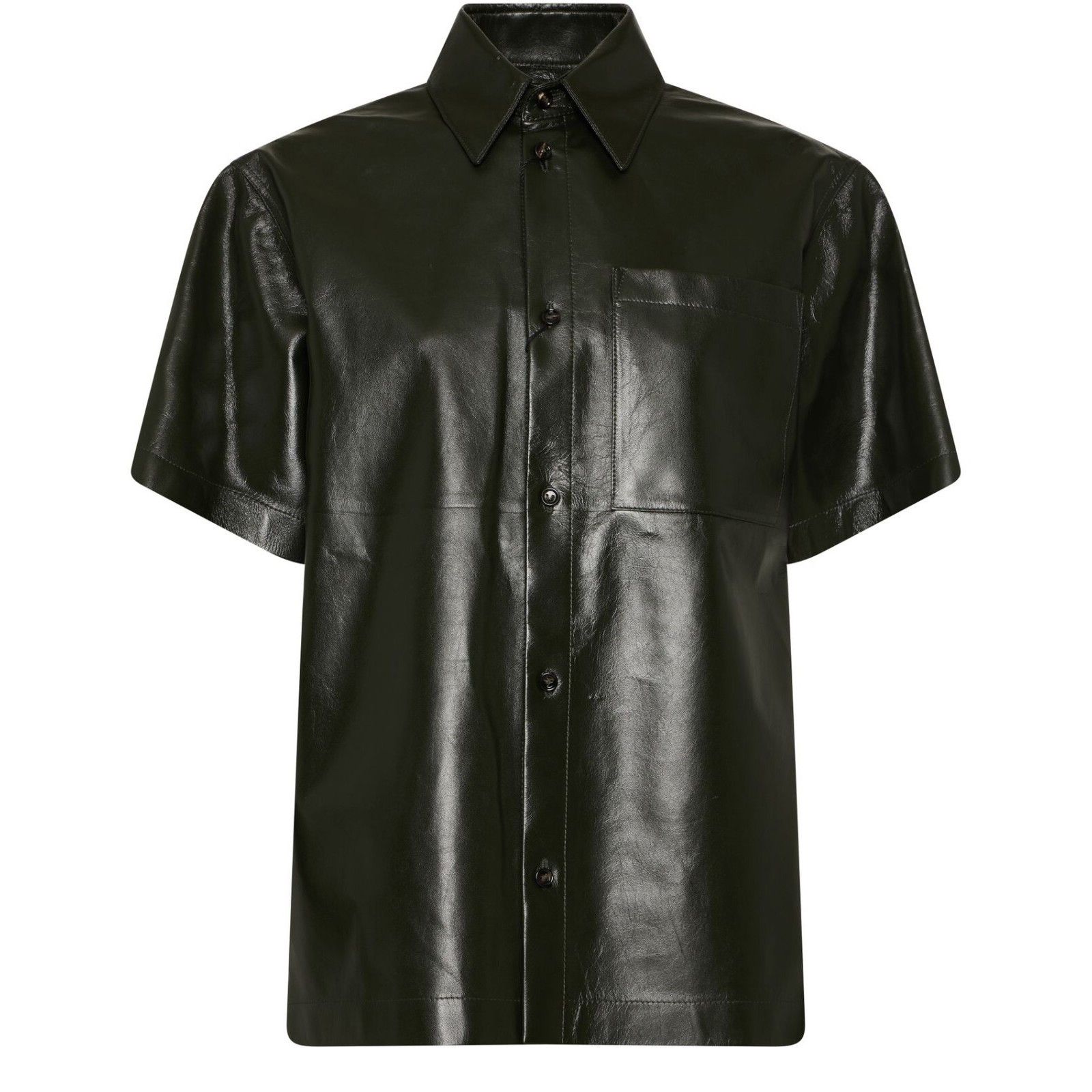 BOTTEGA VENETA Dark Green Leather Button Down Shirt New And