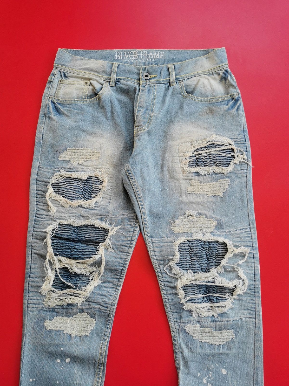 Seditionaries Black Flame Patchwork Distressed Zipper Biker Jeans Size US 32 / EU 48 - 2 Thumbnail