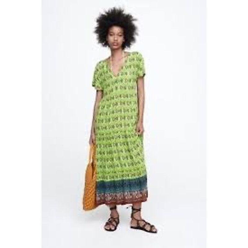 Zara Zara Panelled Midi Dress Green Patterned 7484/153 Boho SZ S Size S / US 4 / IT 40 - 1 Thumbnail