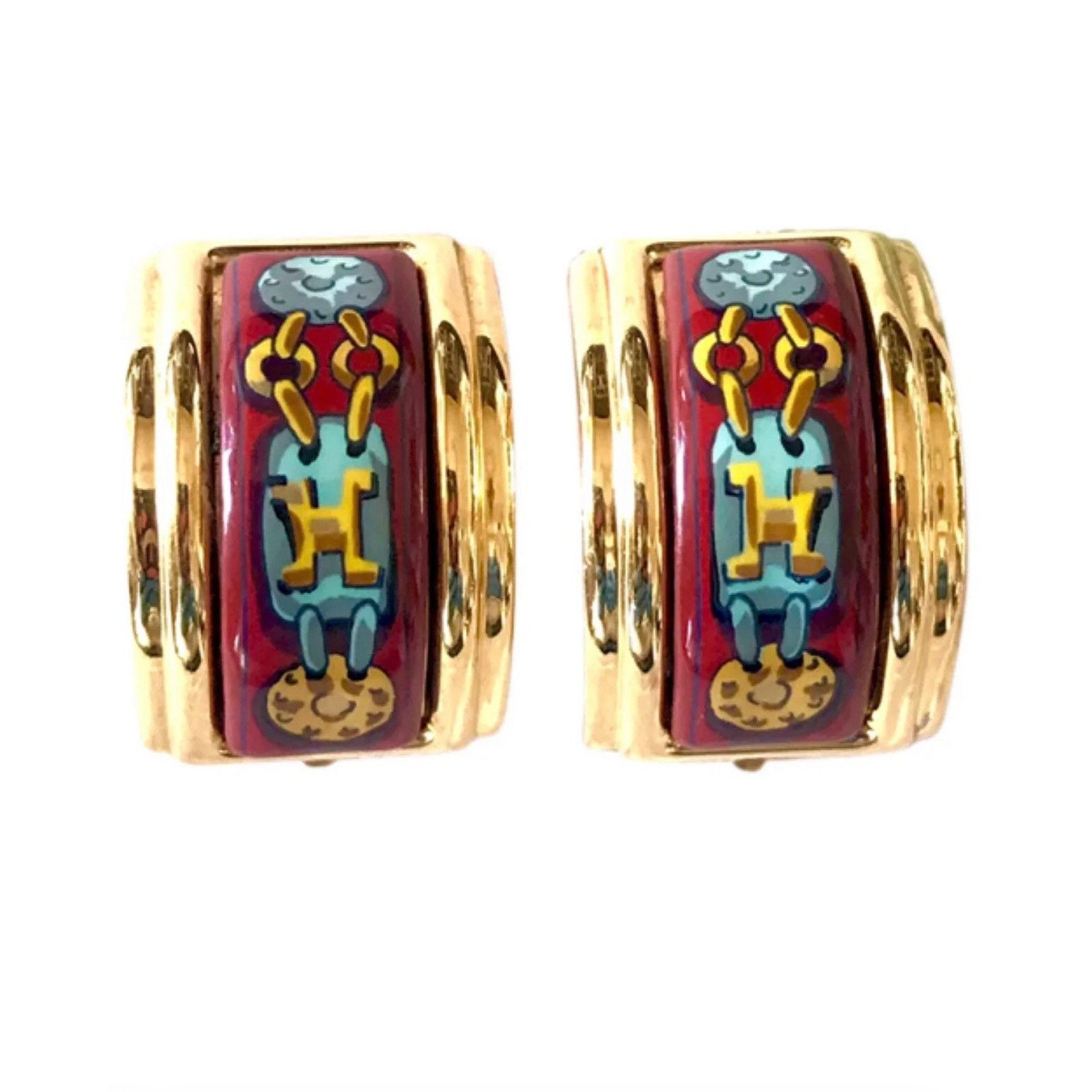 Hermes Vintage Hermes cloisonne golden earrings with red and yellow Size ONE SIZE - 1 Thumbnail