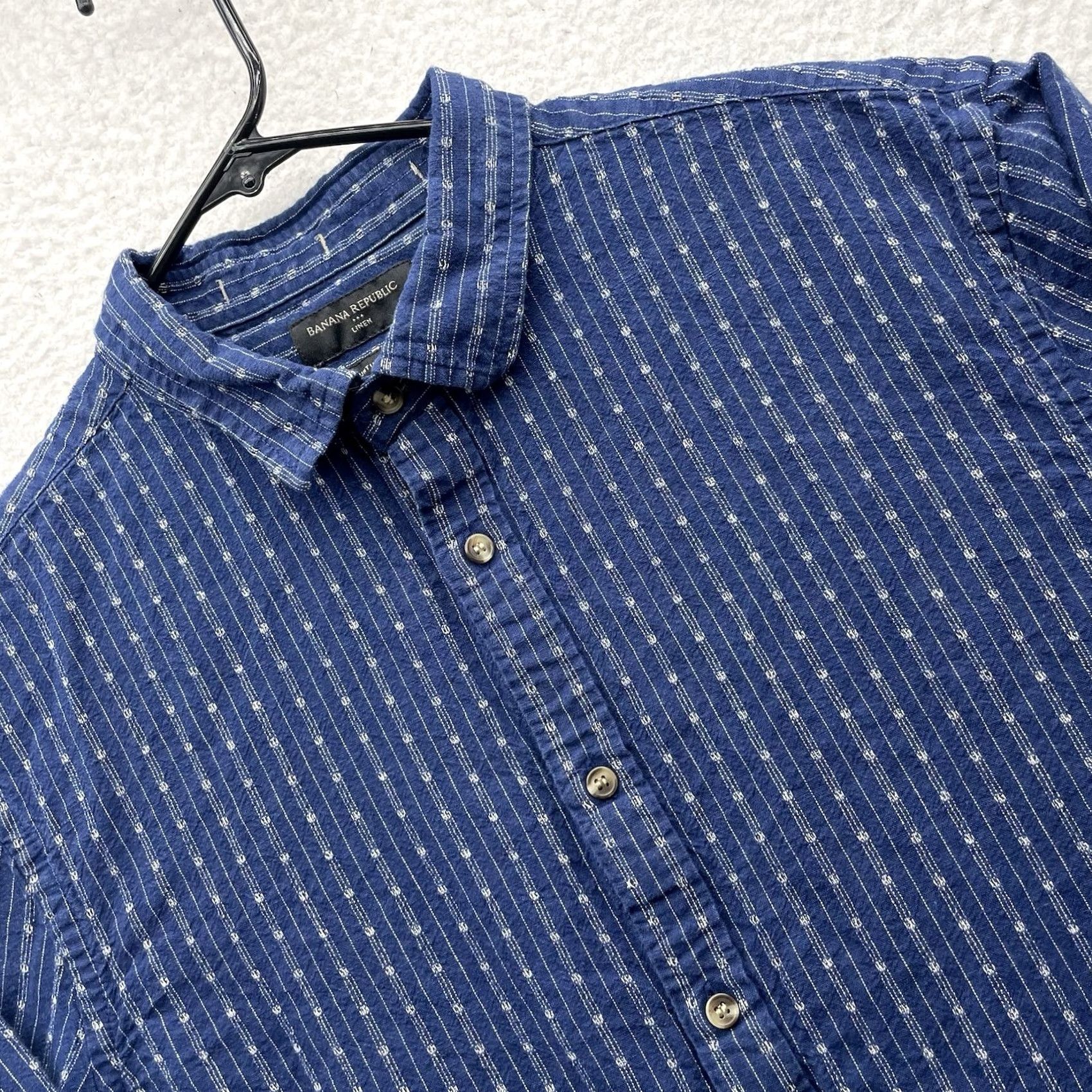 Banana Republic Banana Republic Shirt Mens Large Blue Linen Blend Button-Up Collared Geometric Striped Classic Casual Size US L / EU 52-54 / 3 - 2 Thumbnail