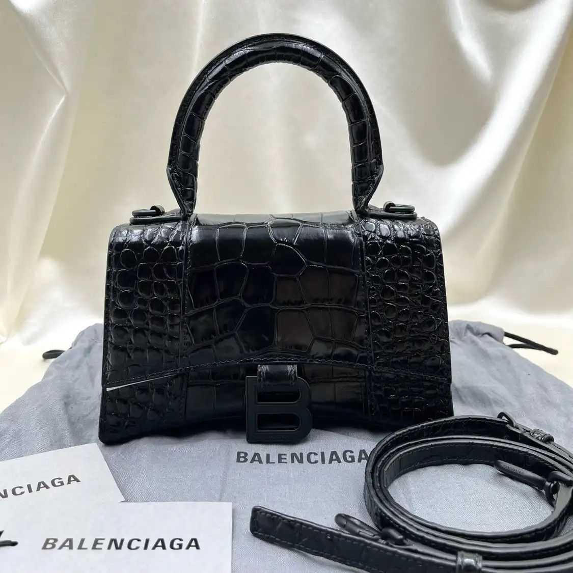 Balenciaga Hourglass Black Cowhide Leather Crocodile Hourglass Crossbody Bag, Women's