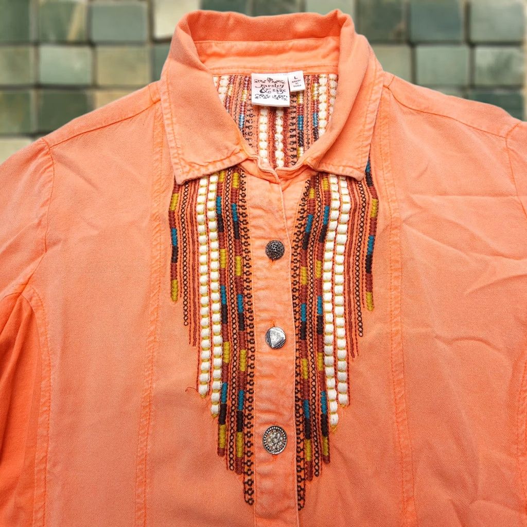 Native Parsley & Sage Blouse Shirt Womens L Orange Geometric Embroidered Bohemian Western 3/4 Sleeve Casual Shirt Mens? Size L / US 10 / IT 46 - 1 Thumbnail