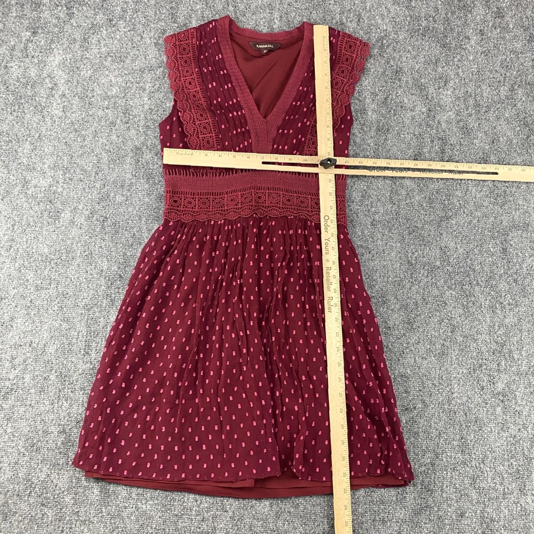Vintage Ranna Gill Dress Womens 2 Burgundy Clip Dot Crochet Lace V-Neck Sleeveless Boho Dress Clip Dot Burgundy V-Neck Sleeveless Womens Size XS / US 0-2 / IT 36-38 - 5 Thumbnail