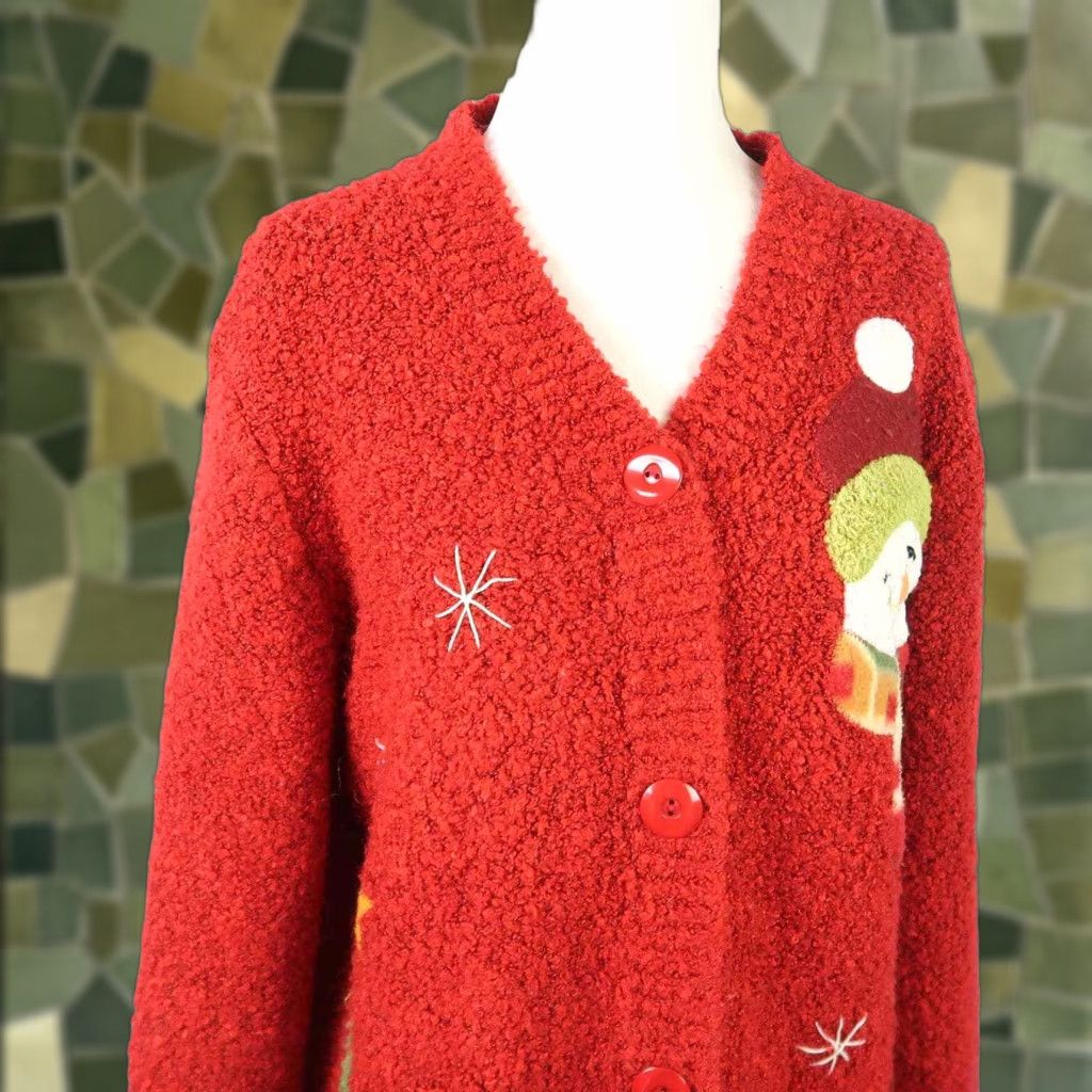 Vintage VINTAGE 90s Cardigan Sweater Red Chenille Knit Snowman Christmas Tree Santa Claus Applique Long Sleeve Women's M Size Size M / US 6-8 / IT 42-44 - 1 Thumbnail