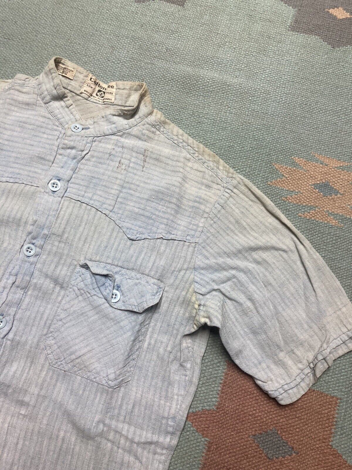 Vintage VTG 70s button shirt cotton chambray thin collarless large Size US L / EU 52-54 / 3 - 5 Thumbnail