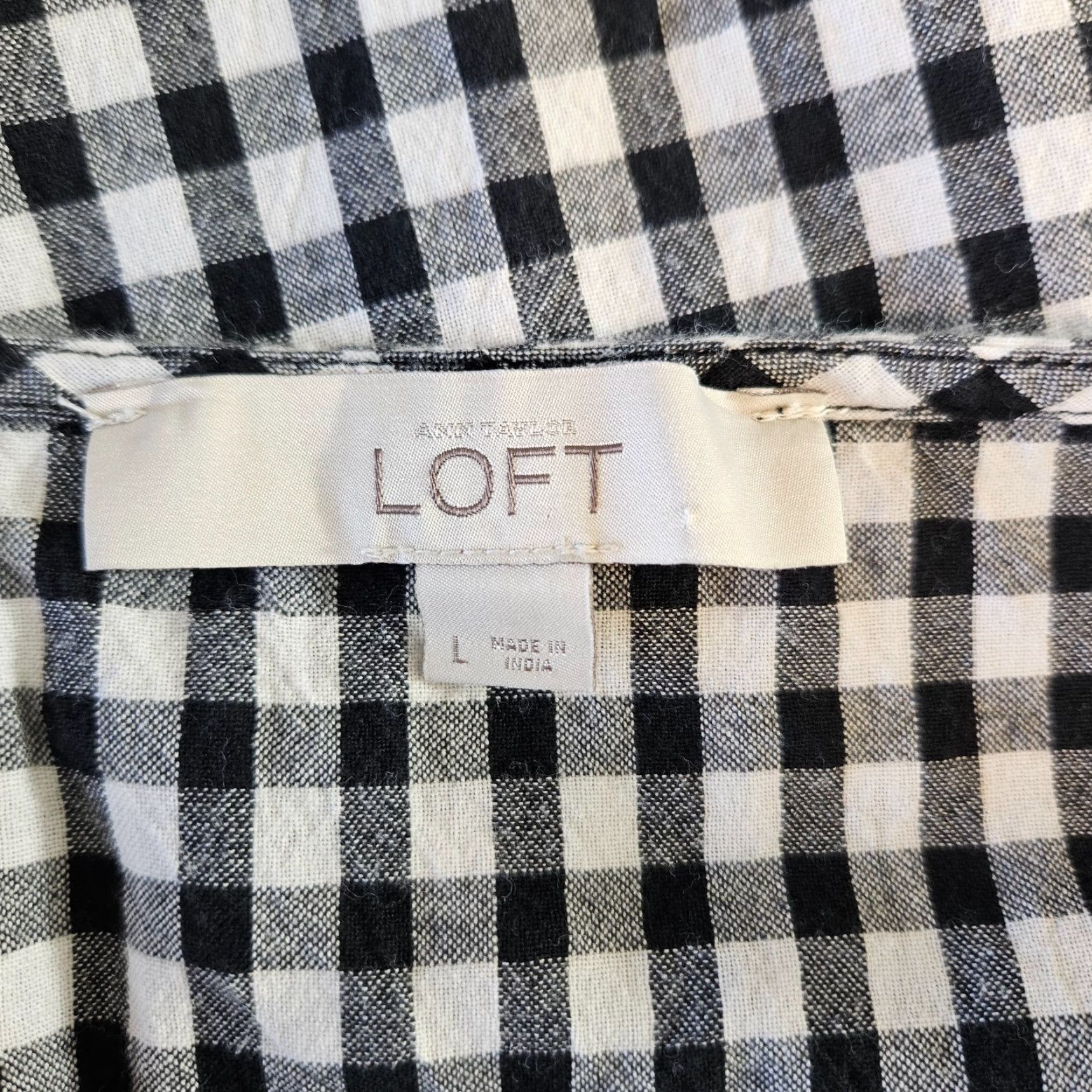 Loft LOFT Womens Top Blouse Gingham Black White Split Sleeves Cotton Size L Size L / US 10 / IT 46 - 6 Thumbnail