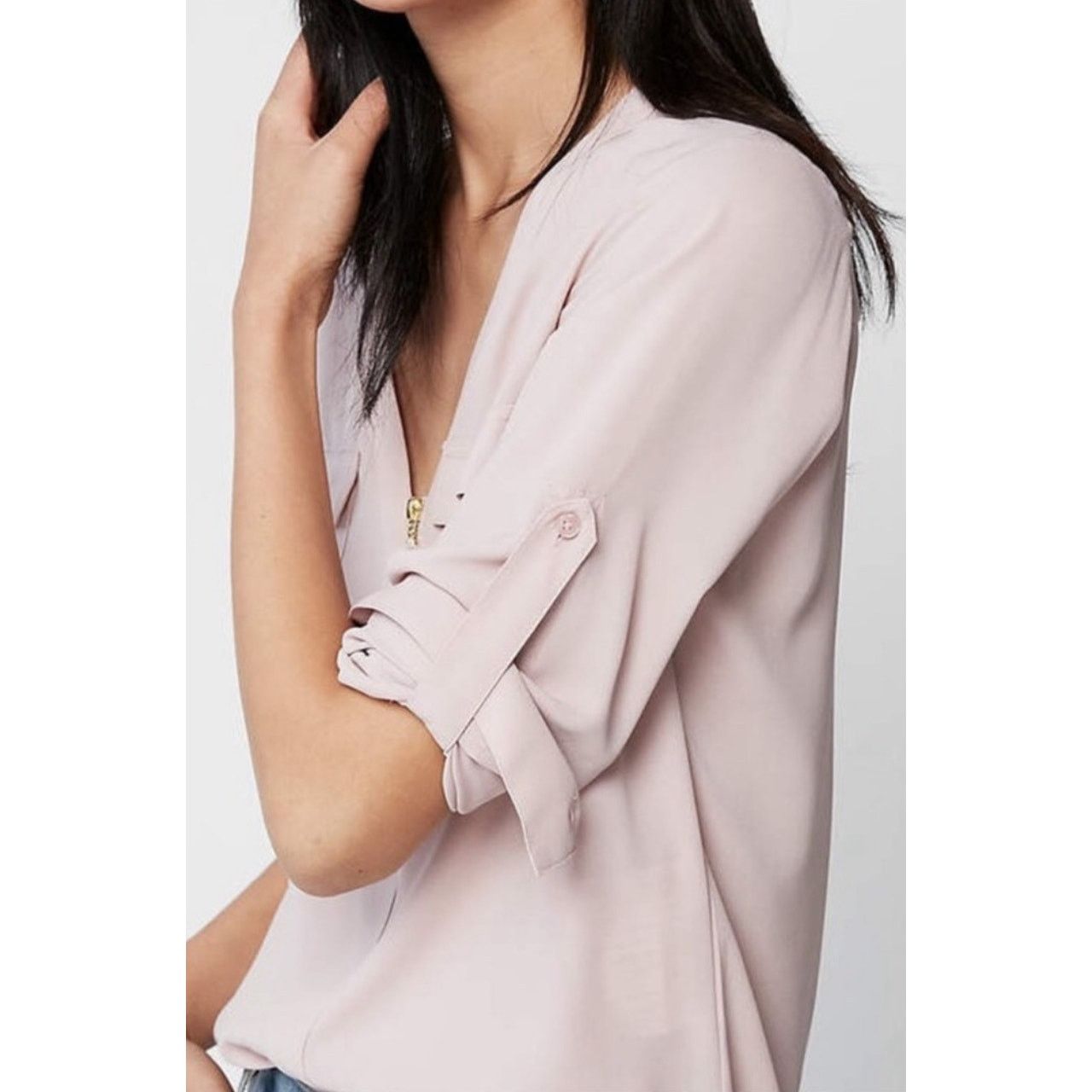 Express Express Pale Peach Two Pocket Zip Front Roll Tab Sleeve Top Size M / US 6-8 / IT 42-44 - 9 Thumbnail