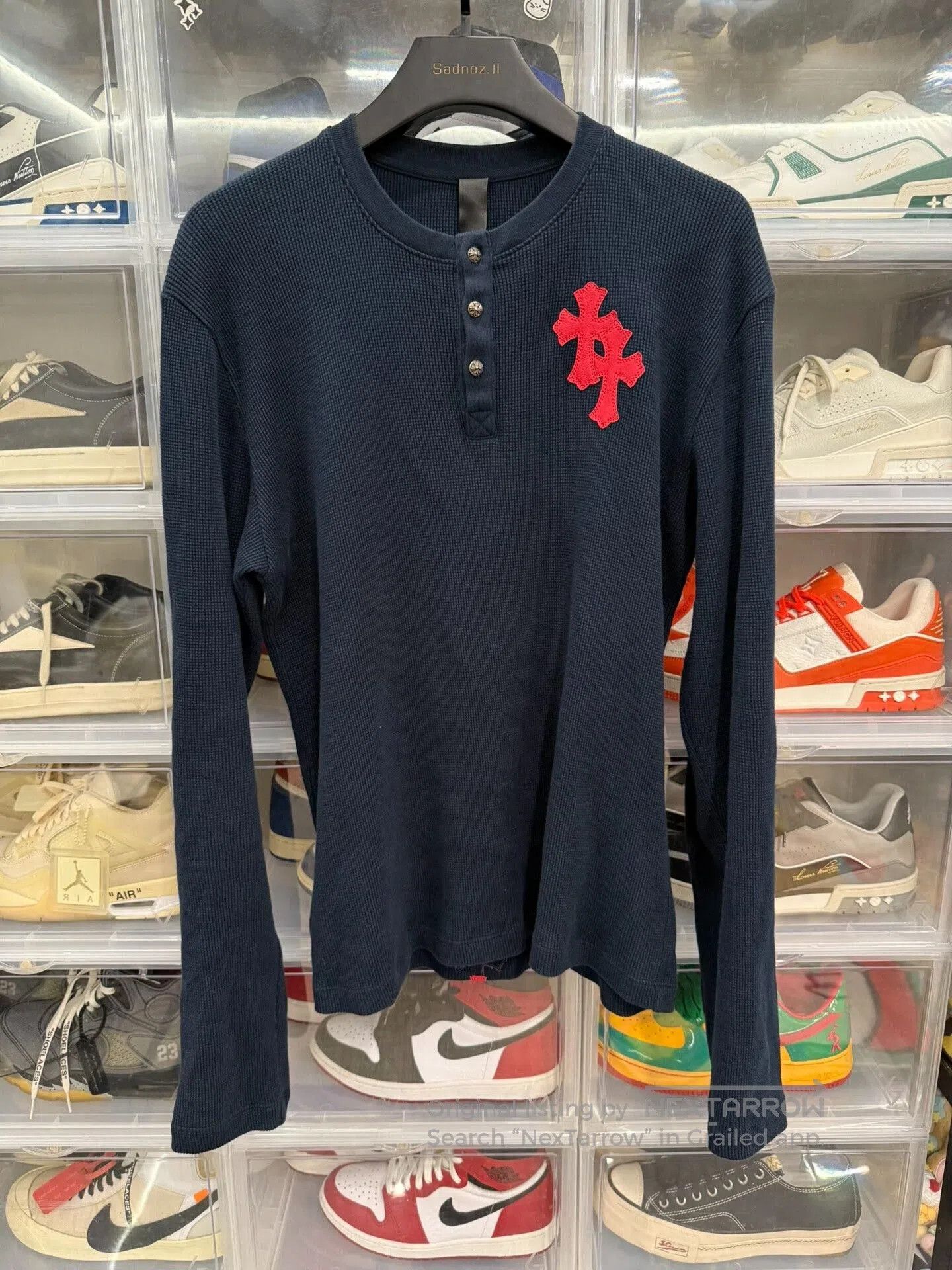 chrome hearts navy long sleeve henley shirt.