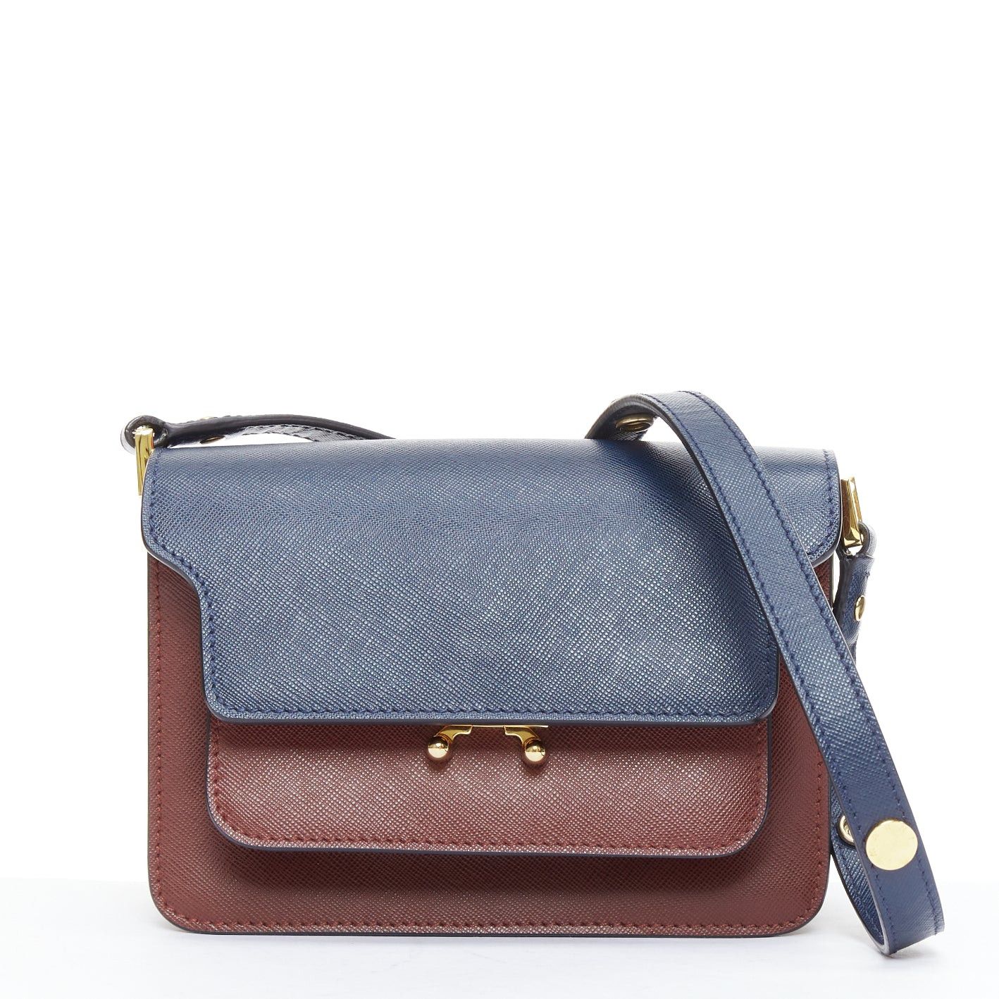 Marni MARNI Trunk navy burgundy textured leather clasp crossbody bag Size ONE SIZE - 1 Thumbnail
