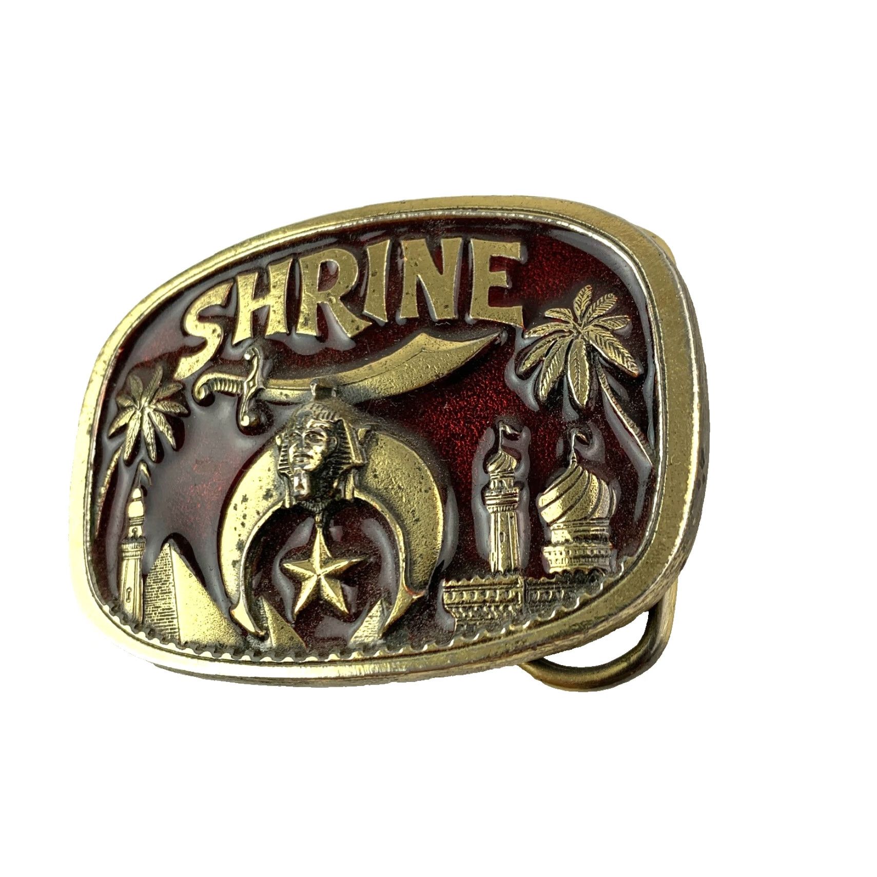 Vintage VINTAGE 1980s Shrine Shriners Sword Red Gold Tone Belt Buckle Great American Buckle Company Adult Unisex Mens Womens 1801 Size ONE SIZE - 3 Thumbnail