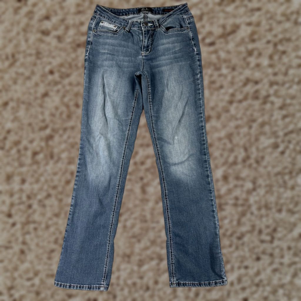 Vintage Earl Jean Jeans Women 25 Blue Denim Slim Boot Medium Wash Low Rise Embroidered Pants Size 42" / US 20 - 1 Thumbnail