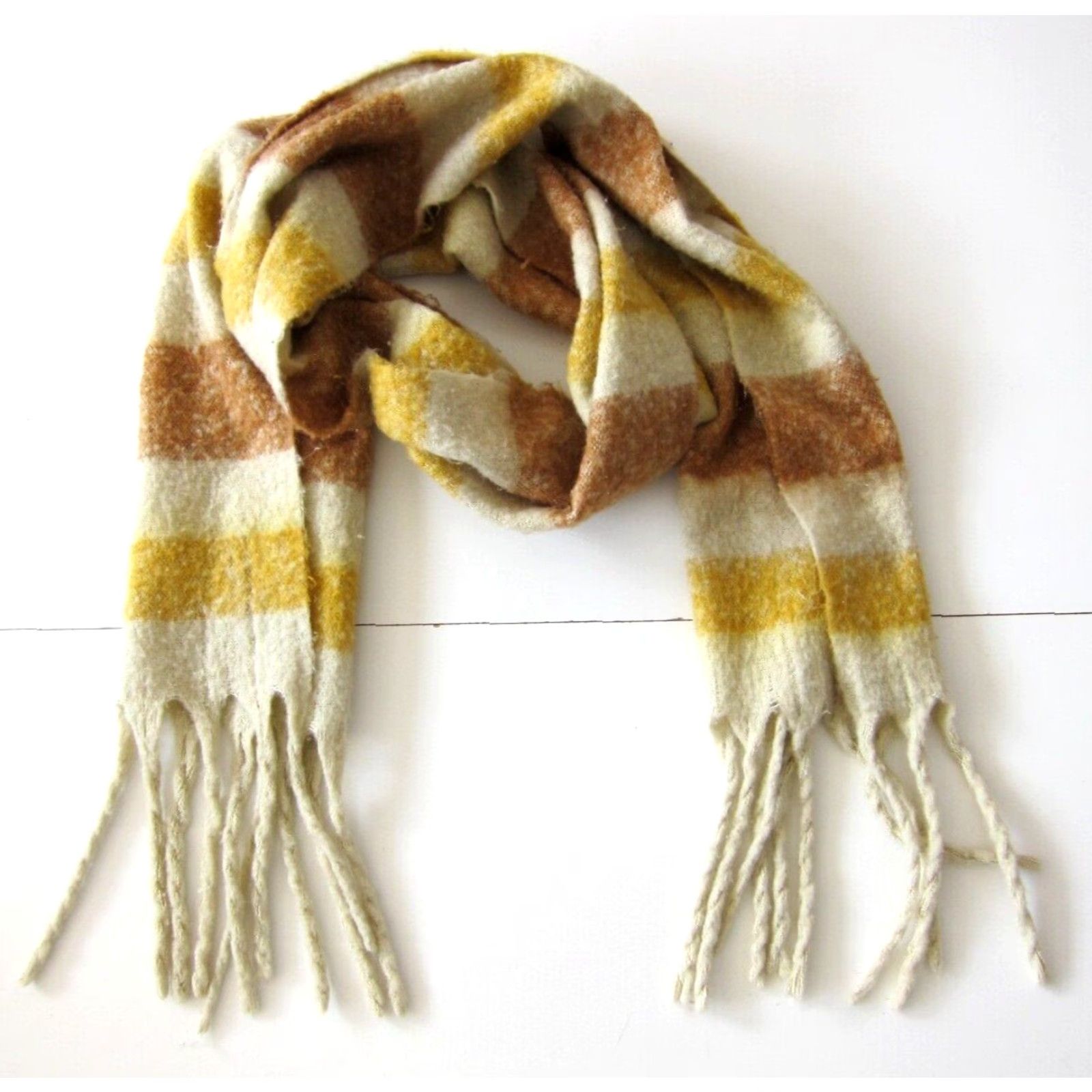 Frye Frye And Co. Yellow Brown Ivory Knit Wide Long Neck Scarf Shawl Wrap 15" X 86.5" Size ONE SIZE - 2 Thumbnail
