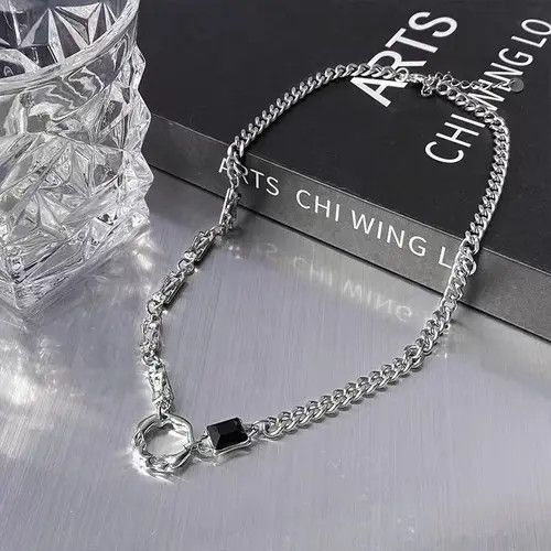 Jewelry × Vintage Titanium Steel Artificial Black Gem Pendant Necklace for Men Size ONE SIZE - 1 Thumbnail