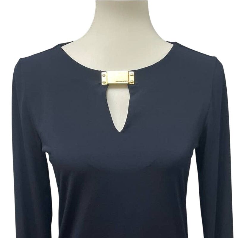 Michael Kors Michael Kors Small Navy Keyhole Gold Charm V-Neck Blouse Size S / US 4 / IT 40 - 2 Thumbnail
