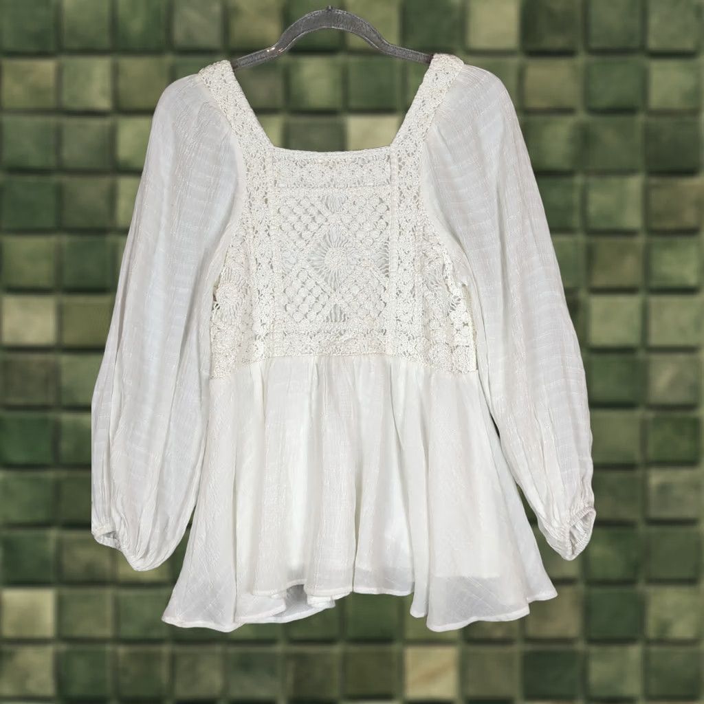 Vintage Altar'd State Blouse Shirt XS White Square Neck Crochet Puff Sleeve Boho Cottagecore Relaxed Women Size XS / US 0-2 / IT 36-38 - 1 Thumbnail