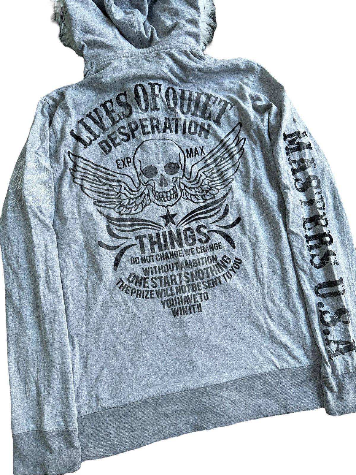 20471120 × Hysteric Glamour × Japanese Brand DISTRESSED Zip Fur HOODIE LIVES OF QUIET DESPERATION PUNK Size US M / EU 48-50 / 2 - 3 Thumbnail