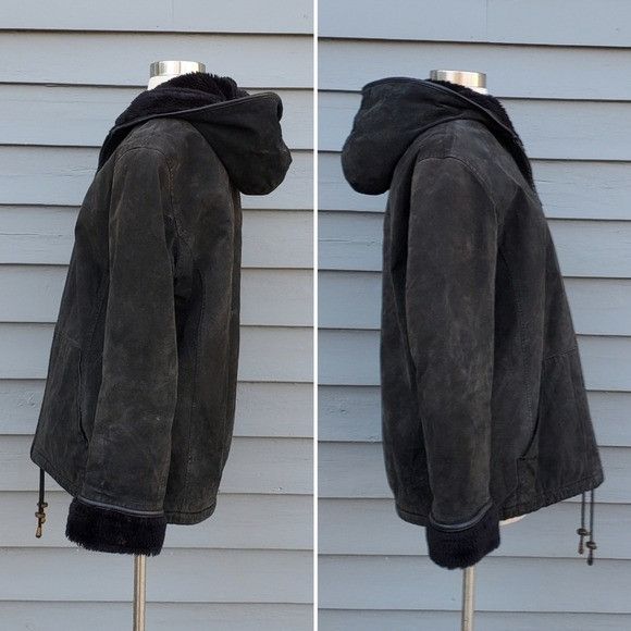 Vintage Vintage 90s y2k Black Suede Leather Faux Fur Lined Hood Coat Size S / US 4 / IT 40 - 3 Thumbnail