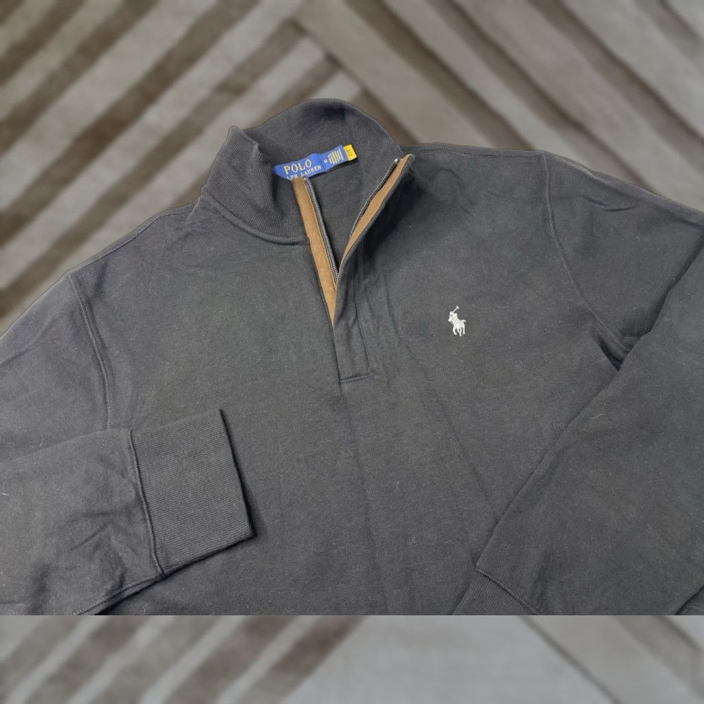 Polo Ralph Lauren Polo Ralph Lauren Mens Sweater Pullover Zip Cotton Stretch Suede Trim Black Medium M Size US M / EU 48-50 / 2 - 1 Thumbnail