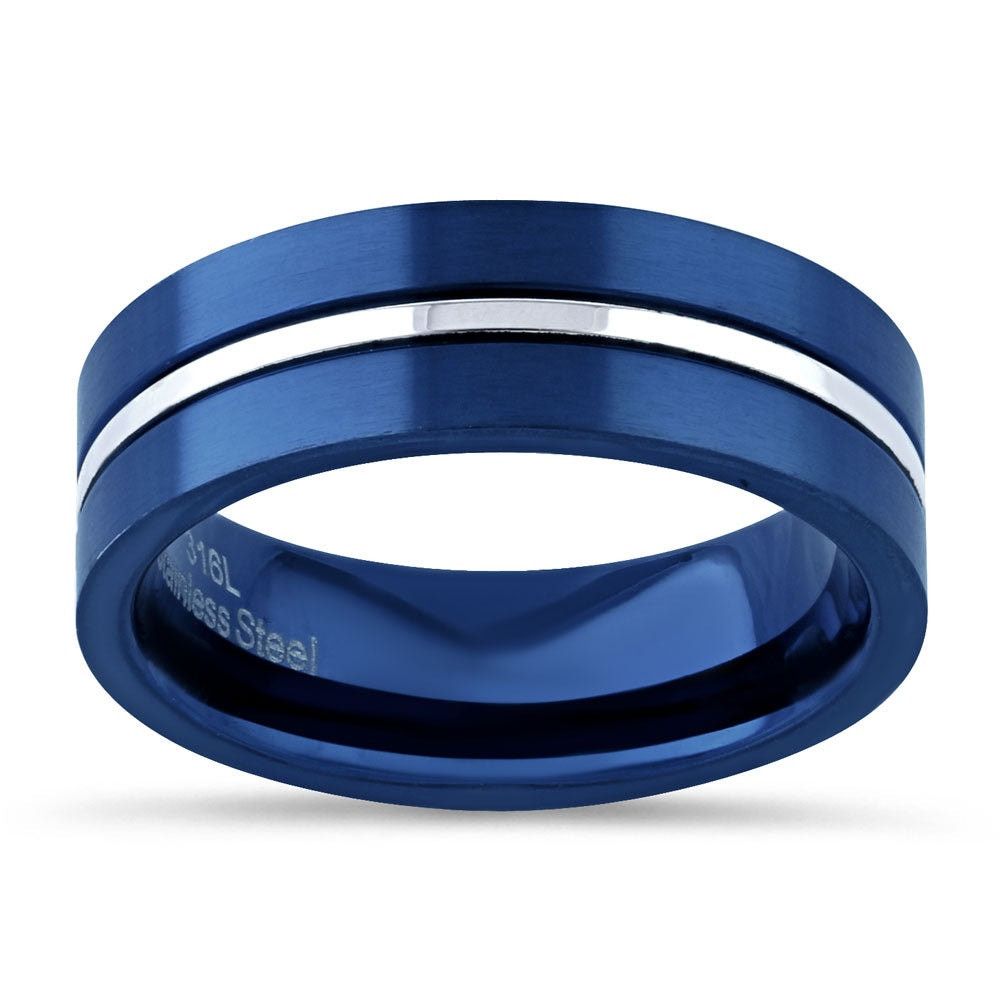 The Unbranded Brand Blue Stainless Steel 6.5mm Satin Finish Striped Band Ring Size ONE SIZE - 2 Thumbnail