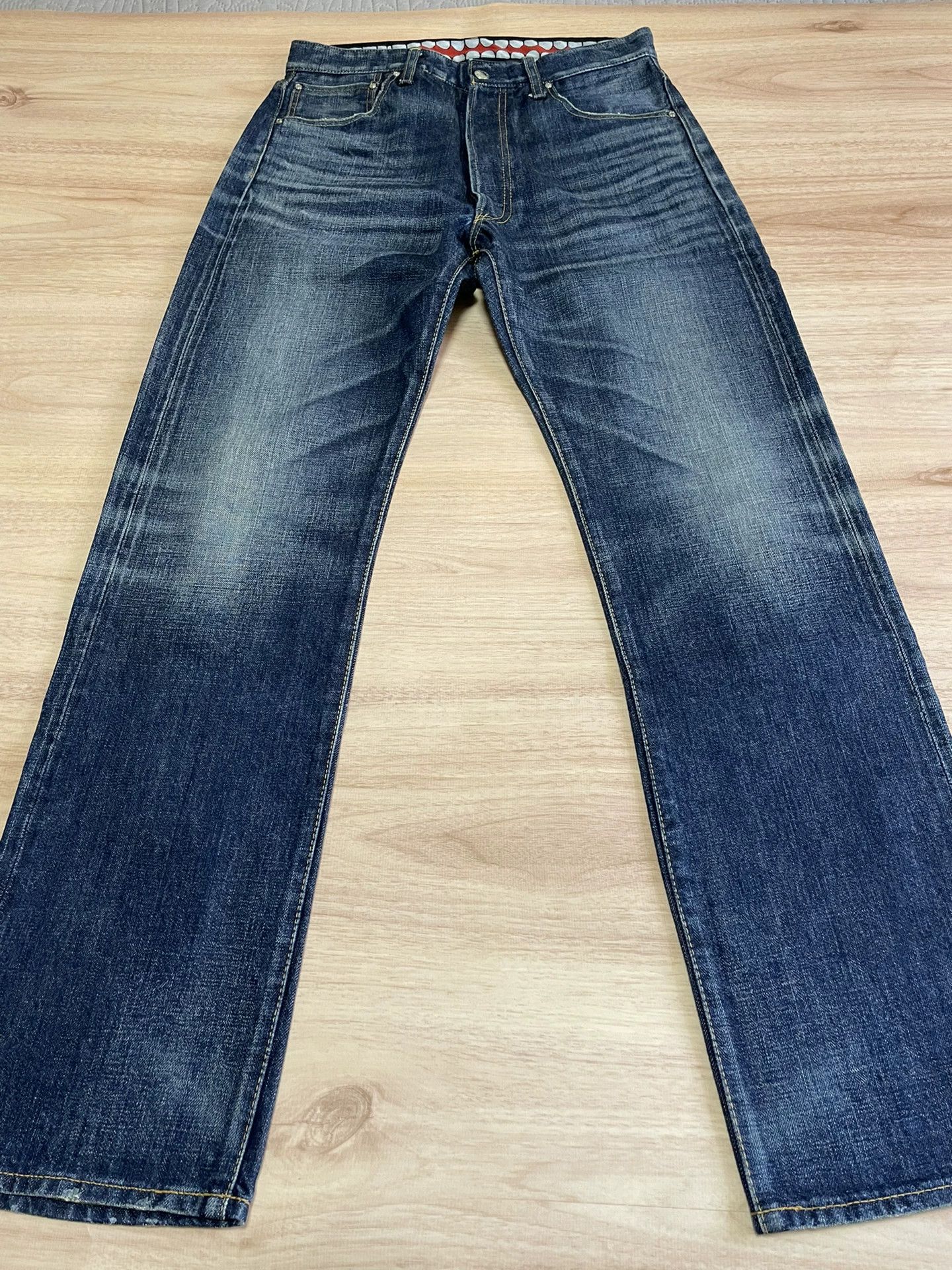 Original Fake OF KAWS Red Waist Washed Jeans New 38.2cm Waist Size US 29 - 3 Thumbnail
