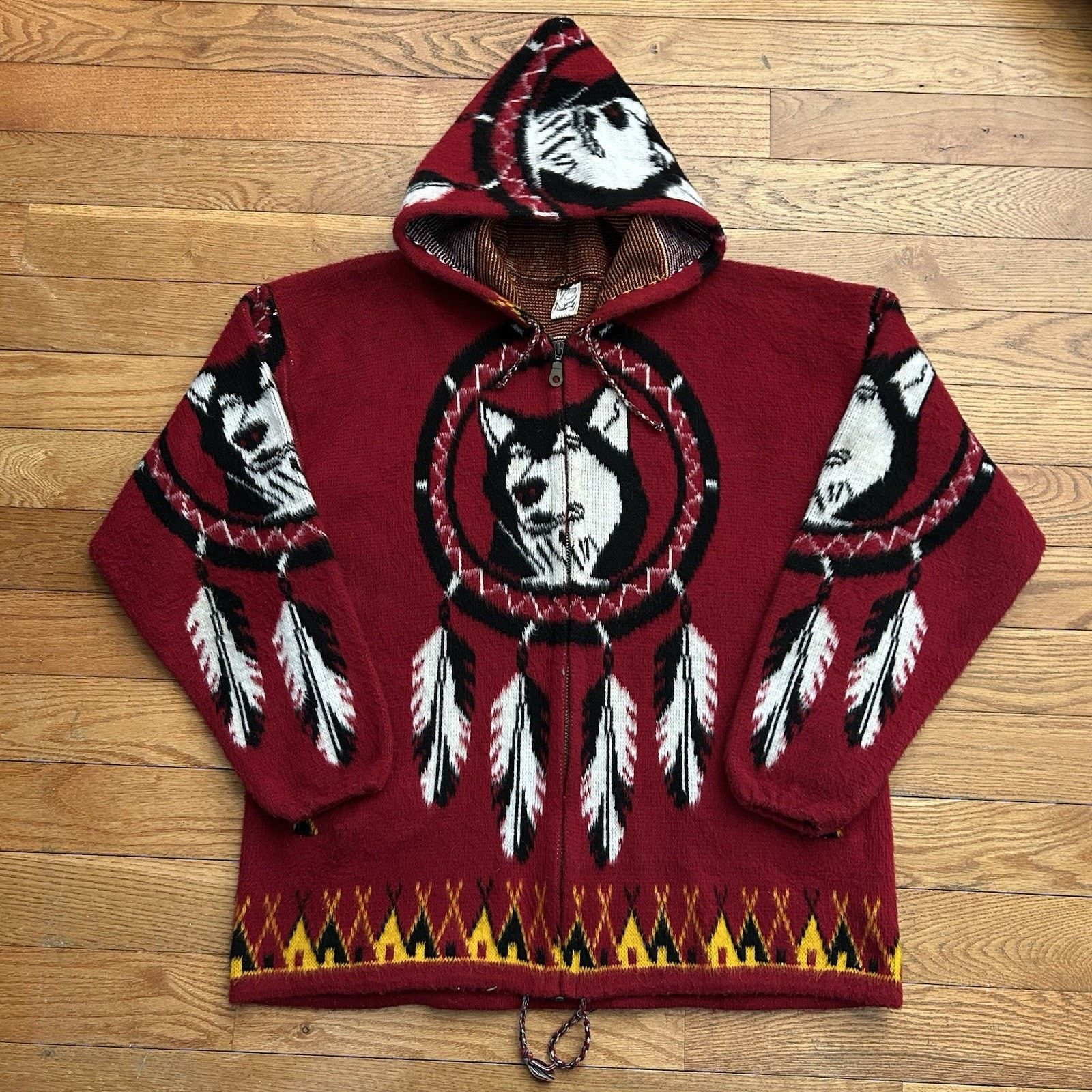 Vintage Yarina Wool Knit Wolf Dog Dreamcatcher Zip Hoodie Jacket Size US L / EU 52-54 / 3 - 1 Thumbnail