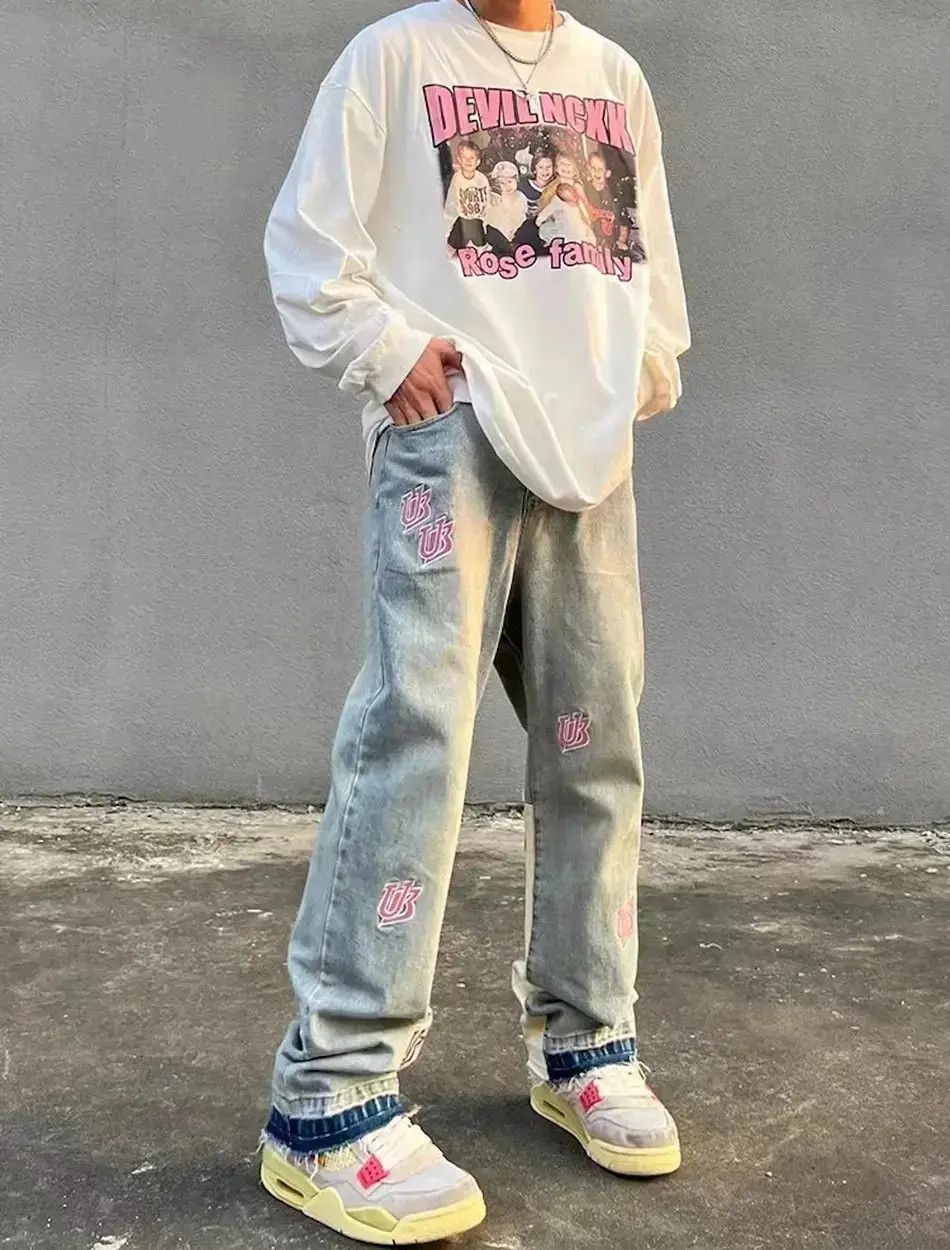 Japanese Brand Washed distressed embroidered lettering jeans Size US 34 / EU 50 - 1 Thumbnail