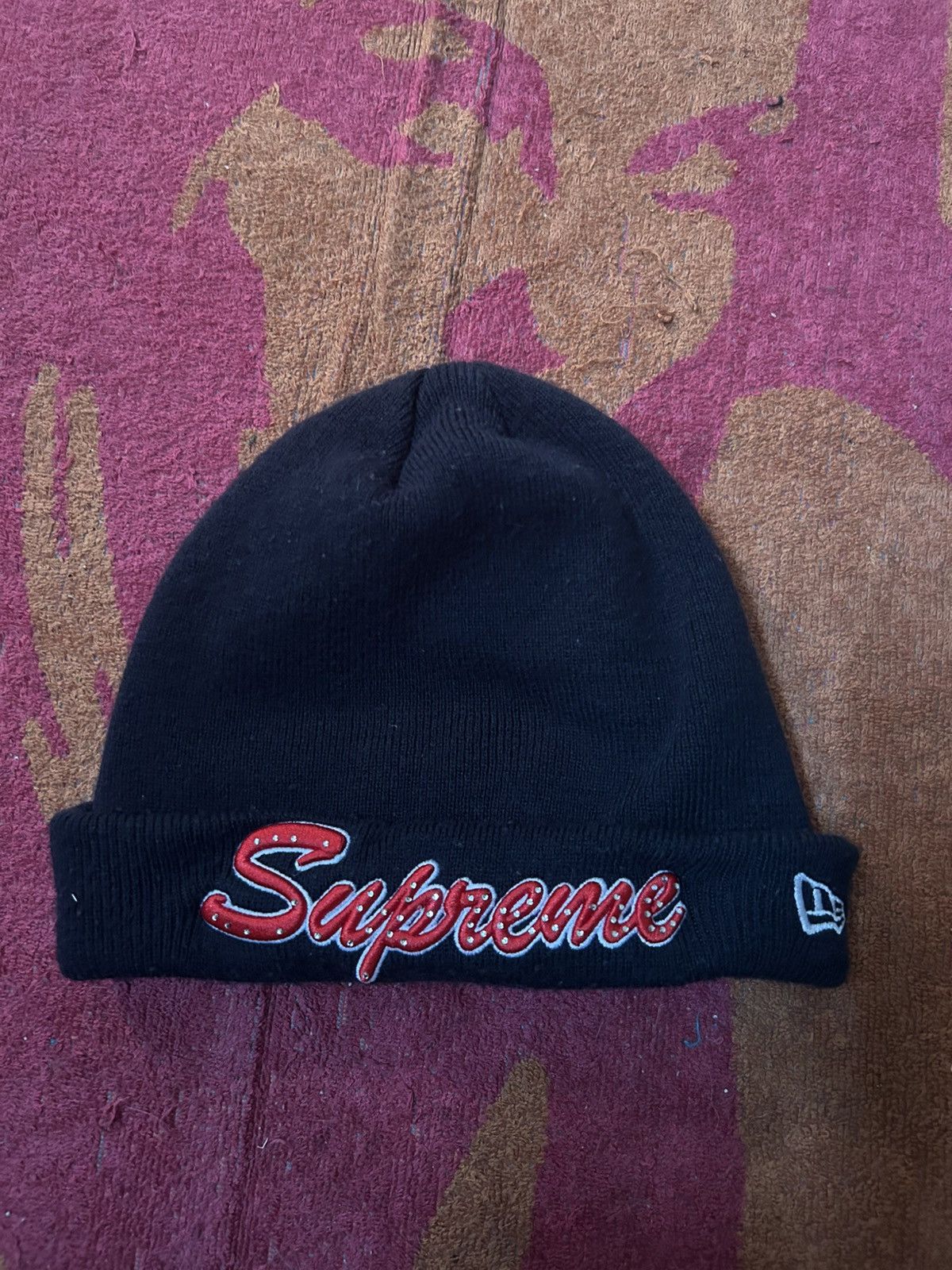 New Era × Supreme Supreme New Era Script Beanie Navy Blue | Grailed