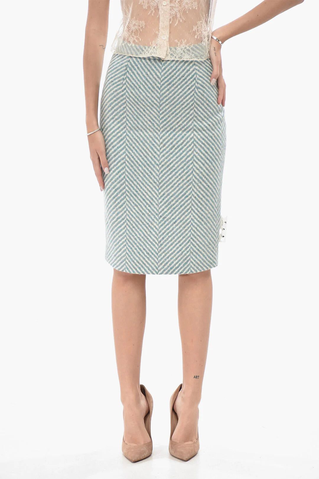 Off-White og1mm0426 Wool Midi Skirt in Light Blue Size 27" / US 4 / IT 40 - 1 Thumbnail