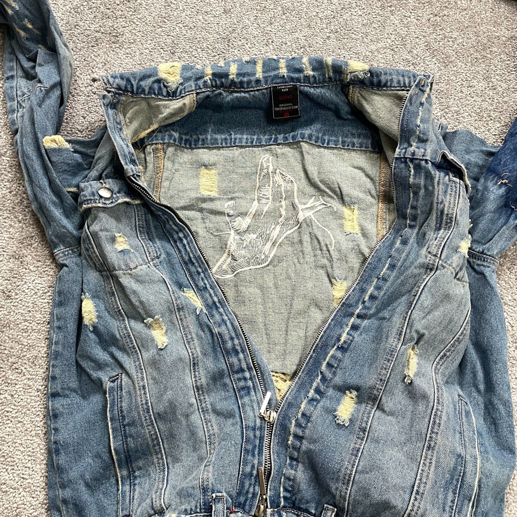 Denime Zoho Women’s Denim Jacket Medium Blue Full Zip Casual Punk Distressed Pockets Fall Winter Size M / US 6-8 / IT 42-44 - 5 Thumbnail