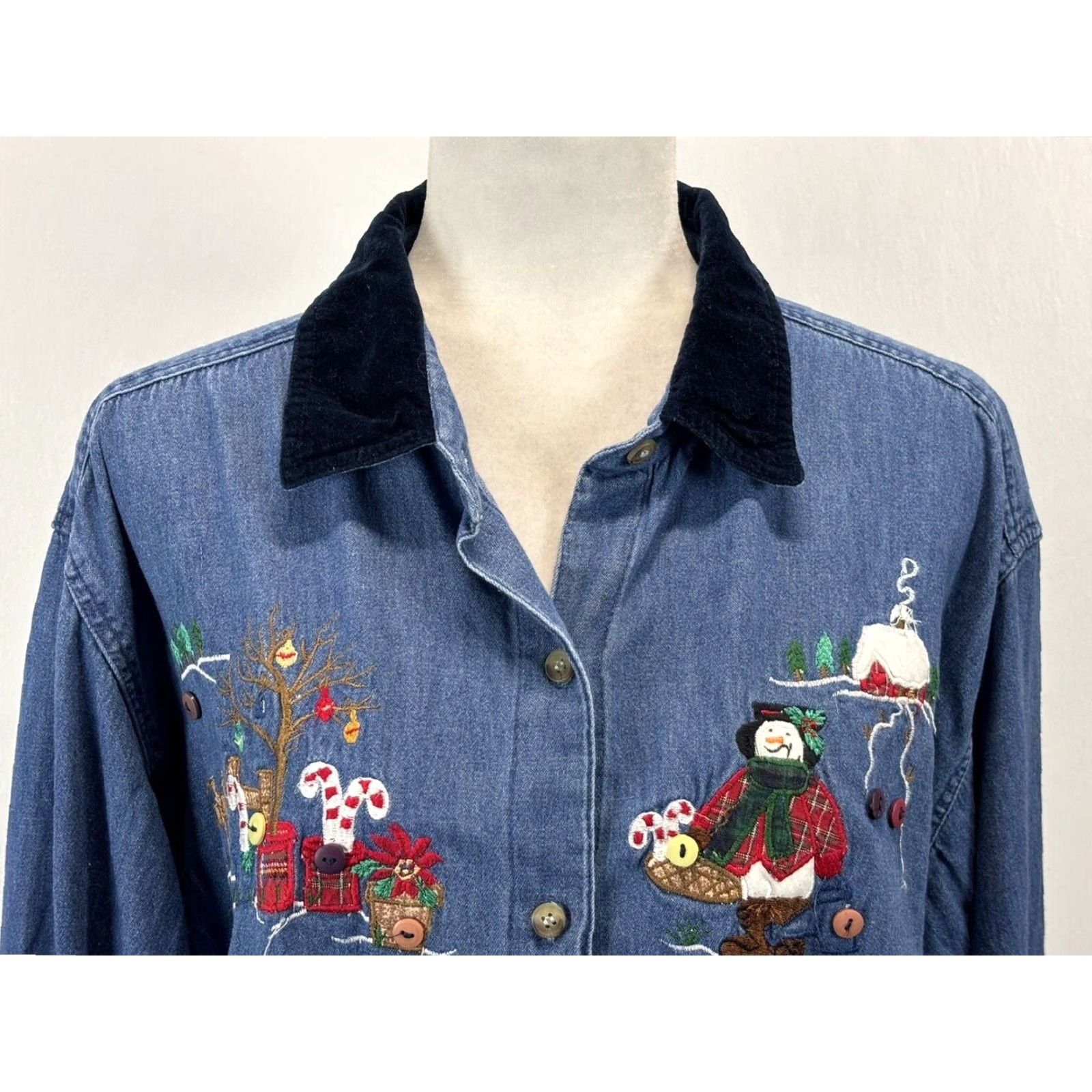 Vintage VINTAGE Studio Collection Denim Christmas Shirt 2X Plus Blue Velvet Collar 90s Womens Size XXL / US 16-18 / IT 52-54 - 5 Thumbnail