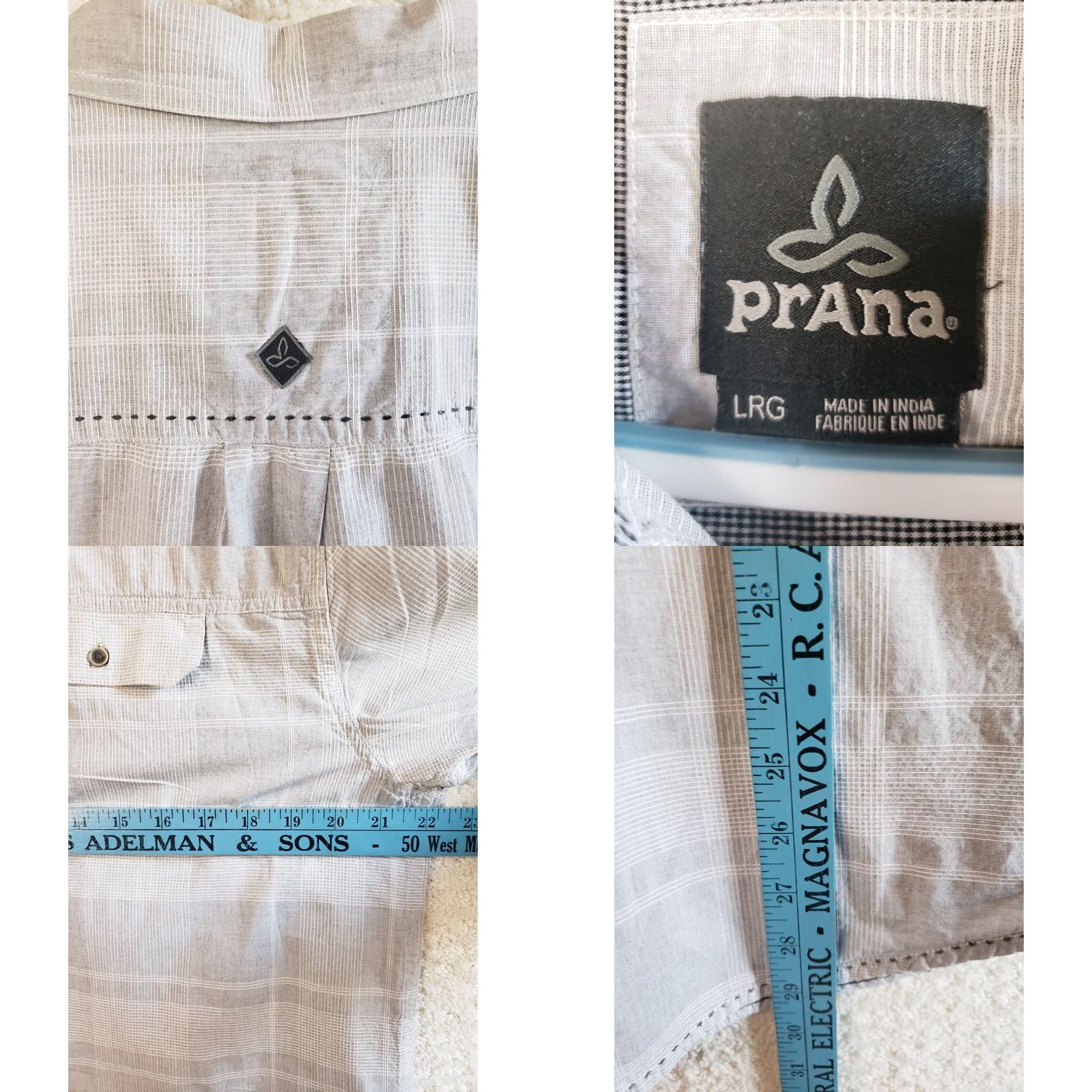Prana Prana Mens L Short Sleeve Button-Up Shirt Gray White Plaid Logo Pockets Size US L / EU 52-54 / 3 - 8 Thumbnail
