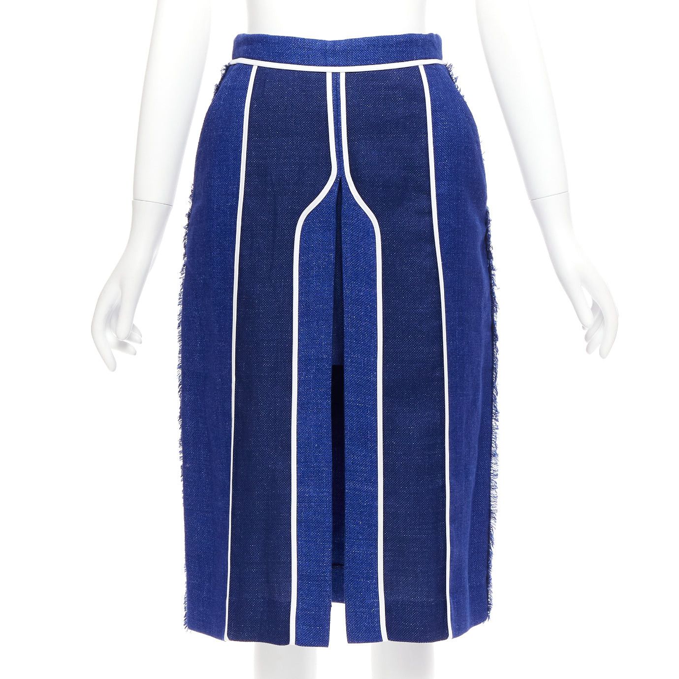 image of New Acne Studios 2016 Kent Linen Blue Striped Wool Slit Front Midi Skirt Fr34 Xs in White, Women's 