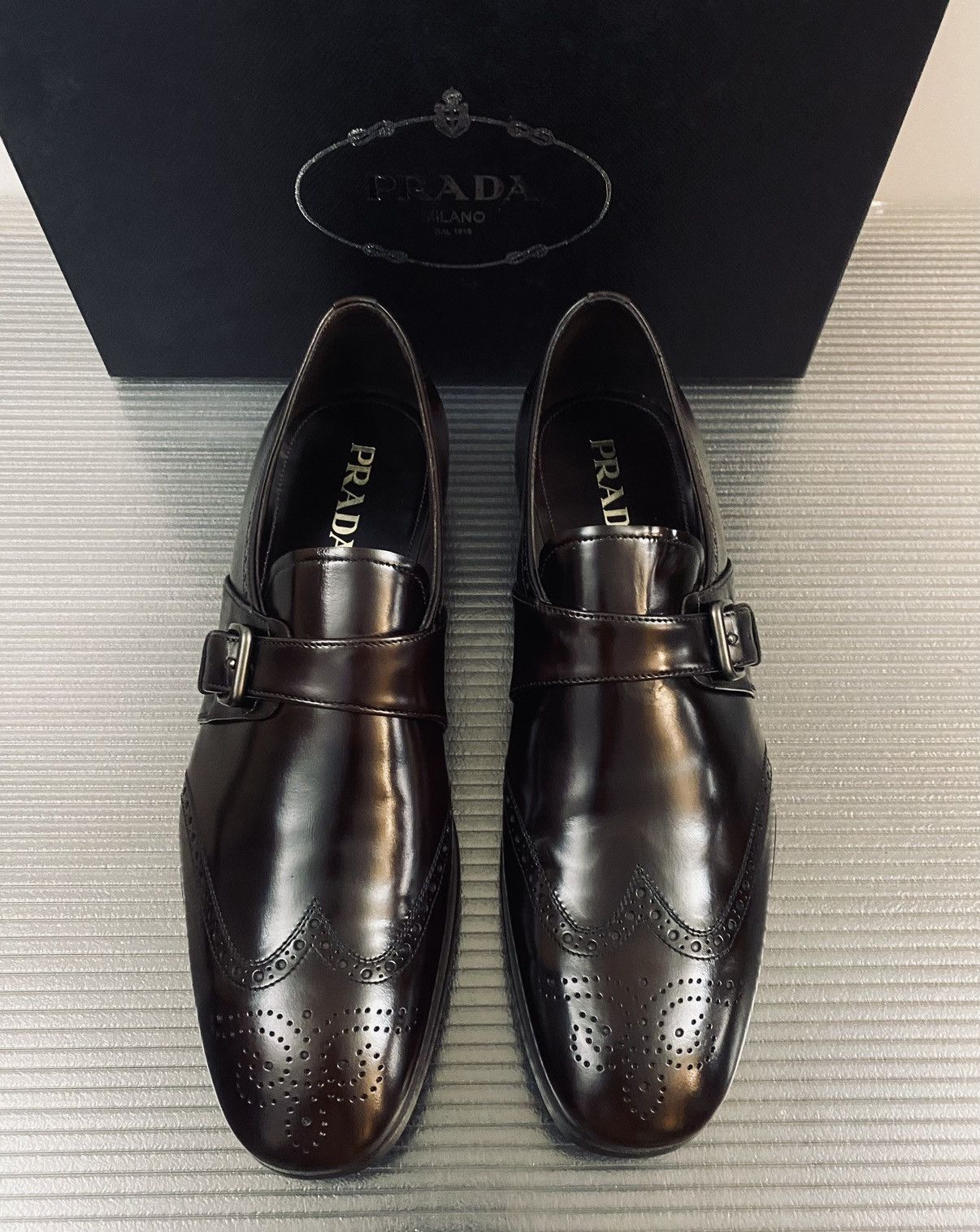 Prada Prada 🇮🇹 Bruciato wingtip toe medallion buckle loafer 11 NEW Size US 11 / EU 44 - 5 Thumbnail