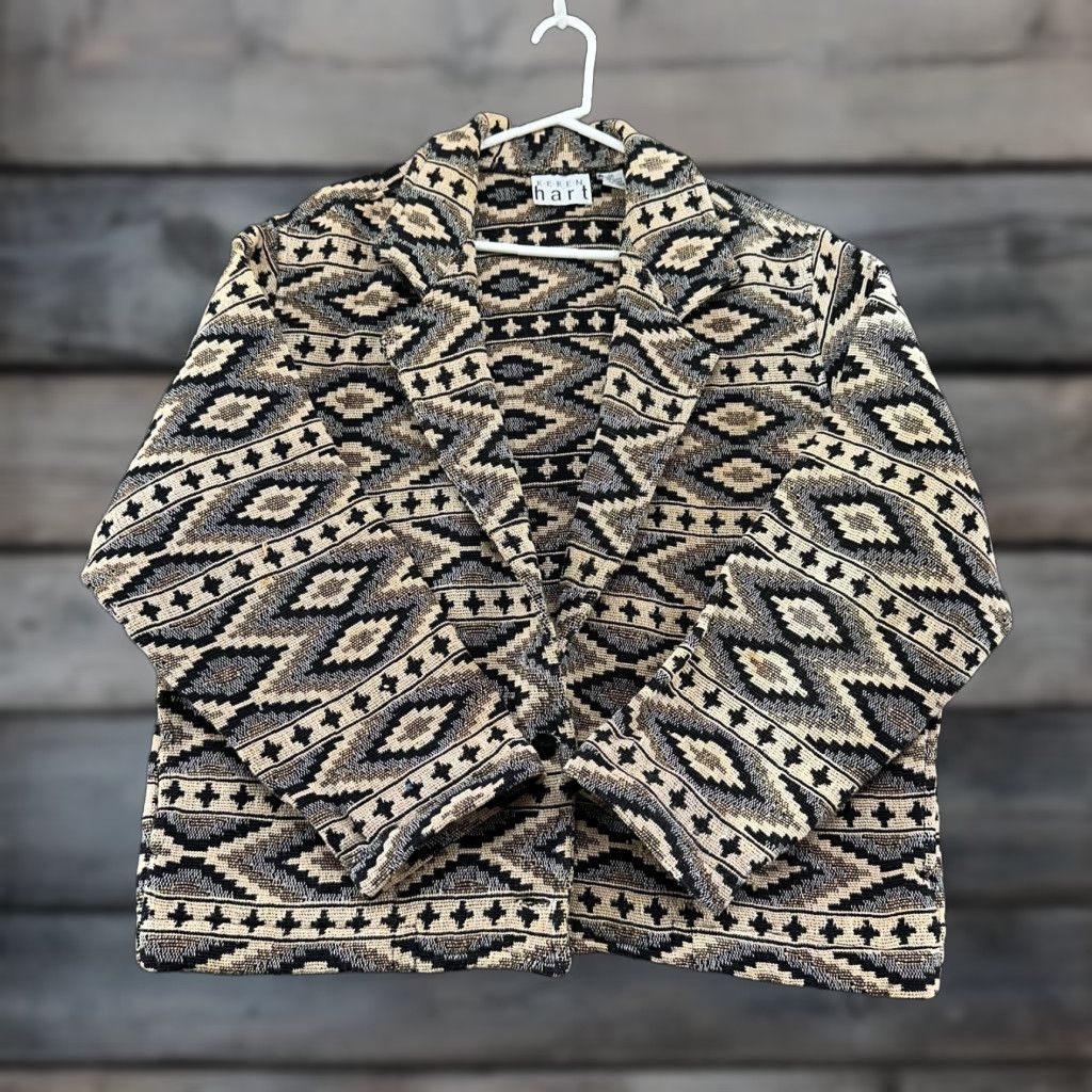 Vintage VINTAGE Keren Hart Jacket Womens M Beige Black Aztec Cotton Tapestry AOP 90s Size M / US 6-8 / IT 42-44 - 1 Thumbnail