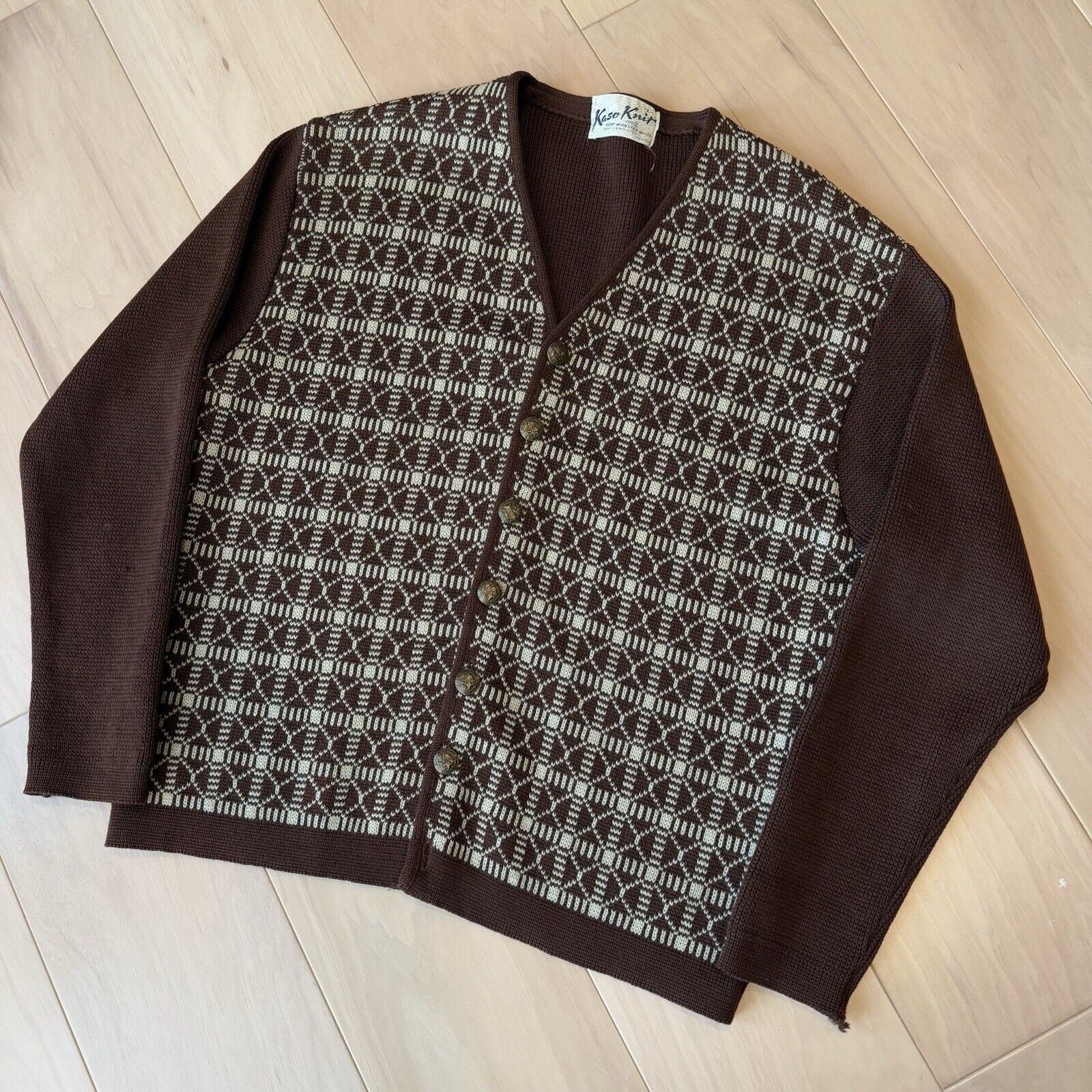 Vintage Kaso Knit Cardigan Women's L Brown Argyle Worsted