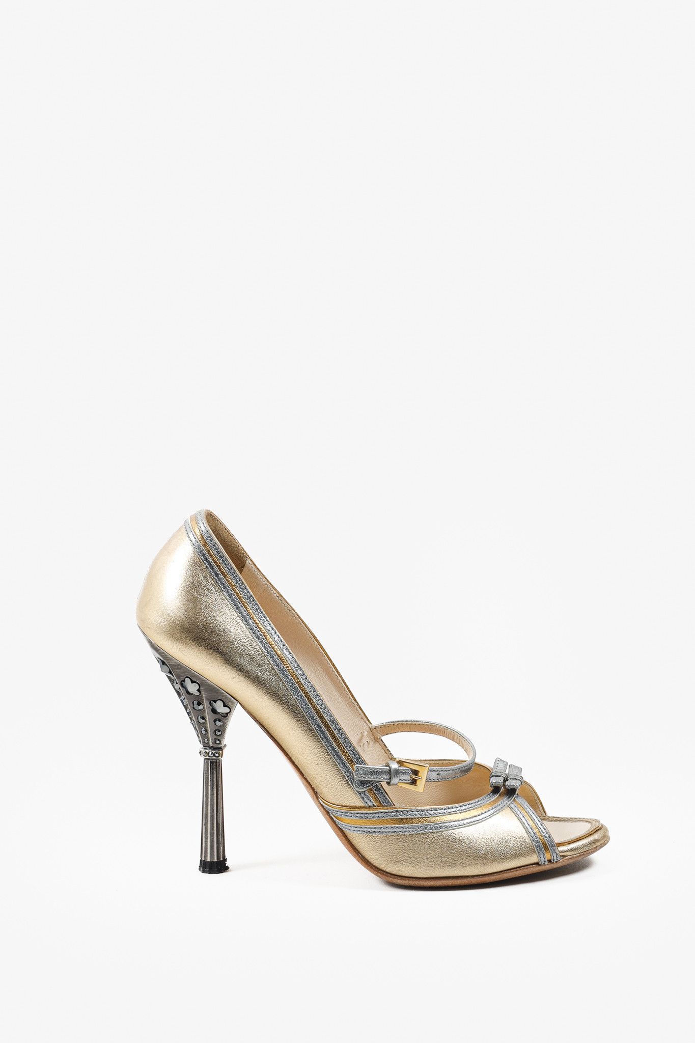 Prada Gold & Silver Mary Jane Embellished Open-Toe Pumps