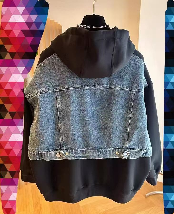 Vintage Oversized Black Hooded Jacket with Denim Patch Pockets Size US M / EU 48-50 / 2 - 3 Thumbnail