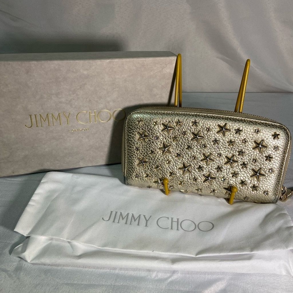 Jimmy Choo Gold Studded Leather ZipAround Wallet DustbagBox
