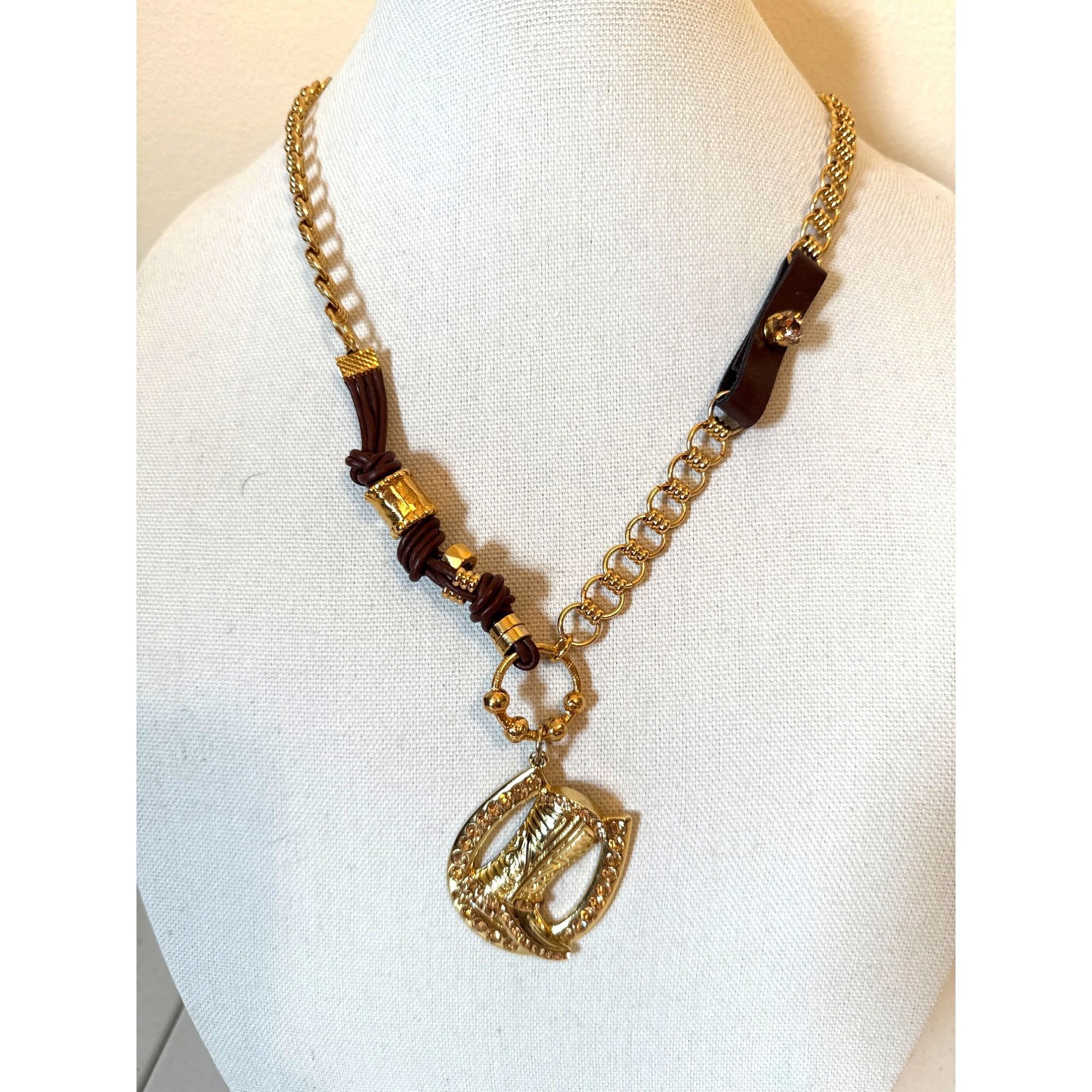 Other Gold Tone & Brown Leather Rhinestone Cowboy Boot Pendant Nec Size ONE SIZE - 8 Thumbnail