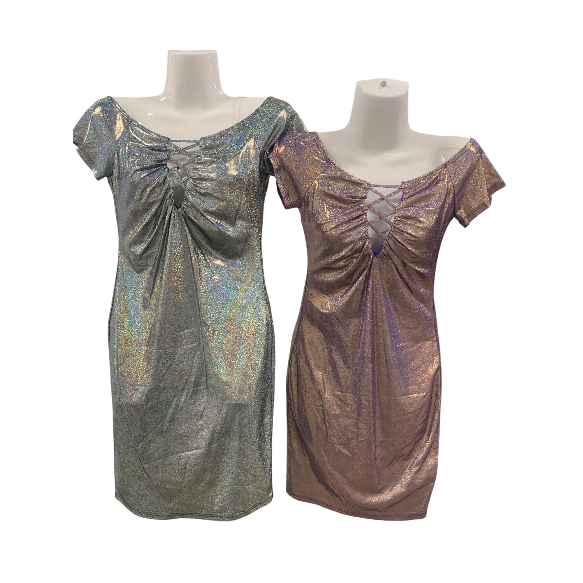 The Unbranded Brand Metallic Off-Shoulder Lace-Up Mini Dress S/M/L Black & Purpl Size S / US 4 / IT 40 - 1 Thumbnail