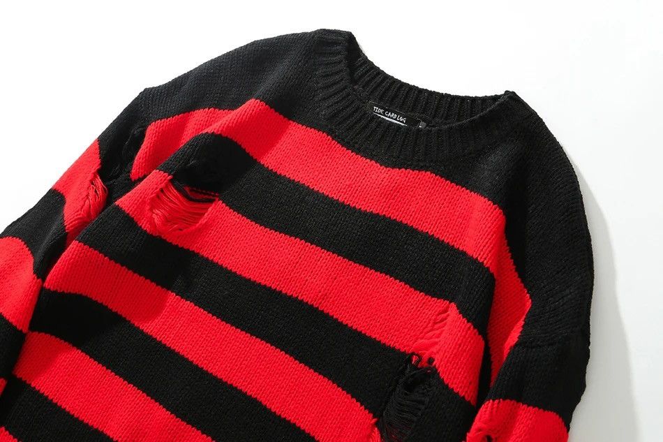 Japanese Brand × Vintage Sweater retro style loose pullover stripes torn holes fringe Size US L / EU 52-54 / 3 - 8 Thumbnail