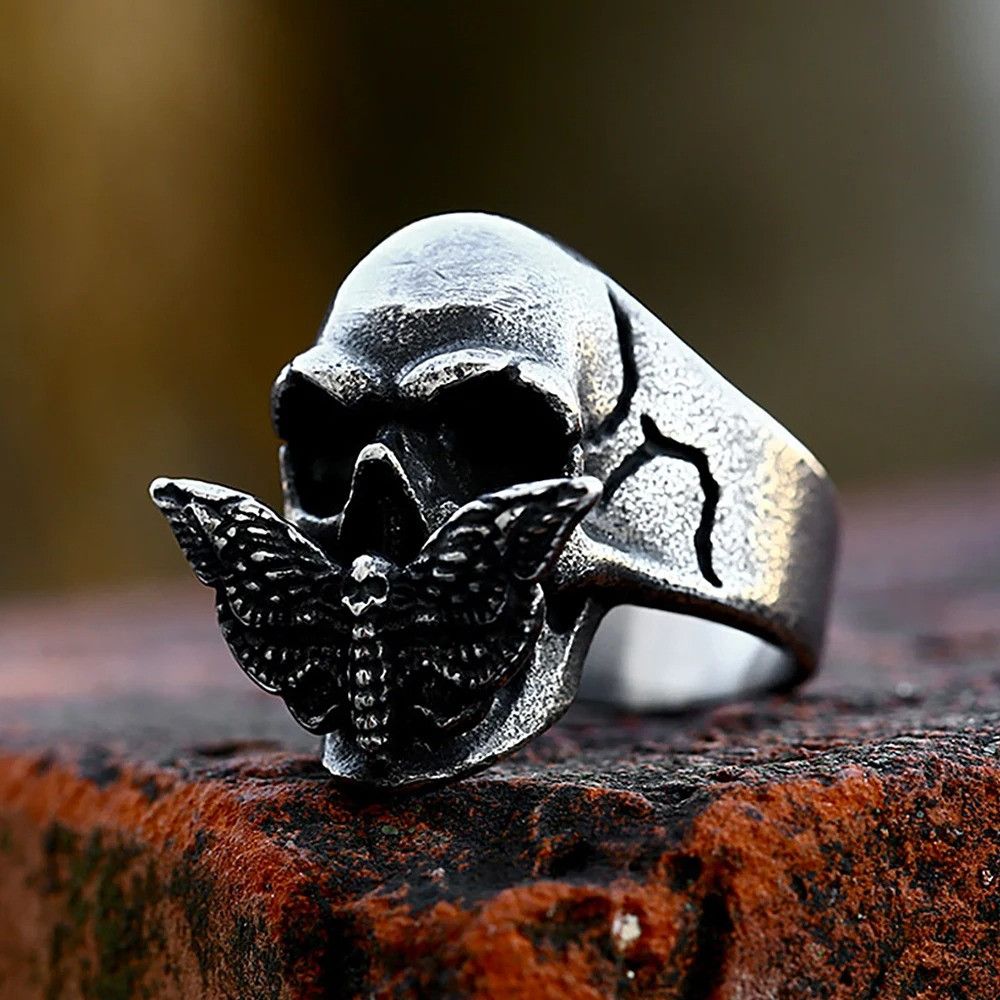 Vintage Gothic Moth Skull Ring Size ONE SIZE - 4 Thumbnail