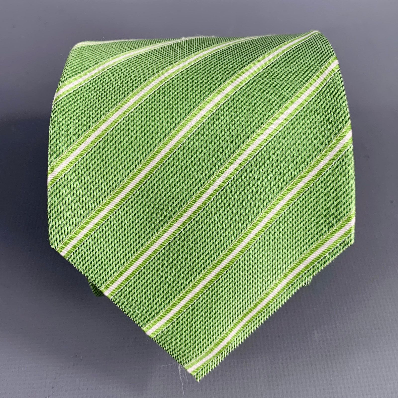 ISAIA Green White Diagonal Stripe Silk Tie