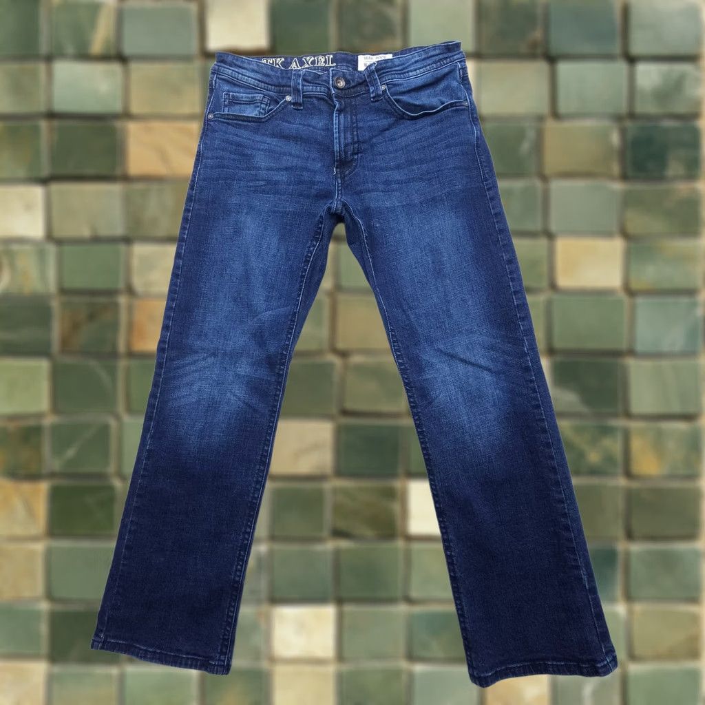 Vintage TK Axel Slim Boot Jeans Mens 34 x 30 Dark Wash Western Flex Denim 5-Pocket Logo Button Slim Bootcut Cotton Blend Blue Jeans Mens Size US 34 / EU 50 - 1 Thumbnail