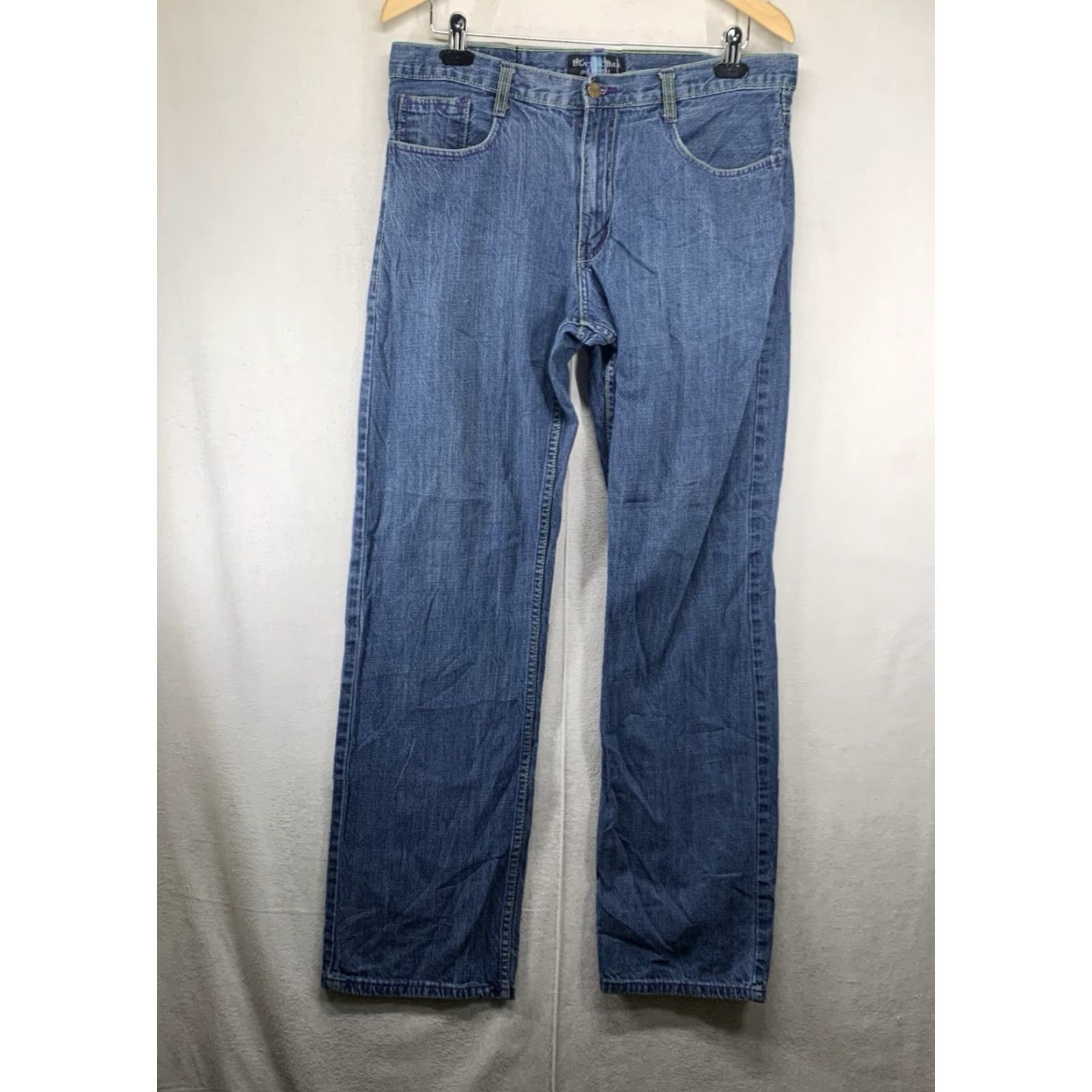 Vintage Vintage Men’s Y2K Skater Jeans Wide-Leg 35x33 Denim Blue Neon Green Purple Stitching Size US 34 / EU 50 - 2 Thumbnail