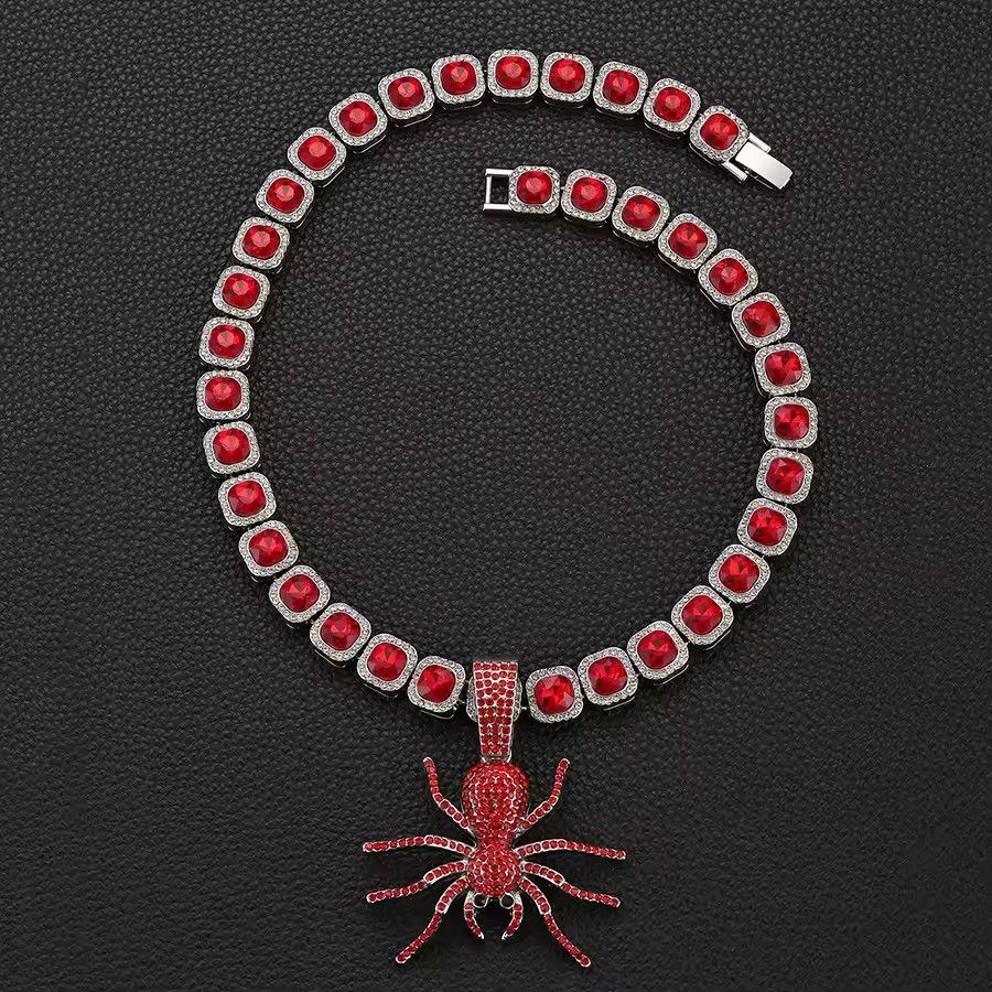 Jewelry × Vintage Retro Punk Rhinestone Ruby Necklace Spider Chain Square Size ONE SIZE - 3 Thumbnail