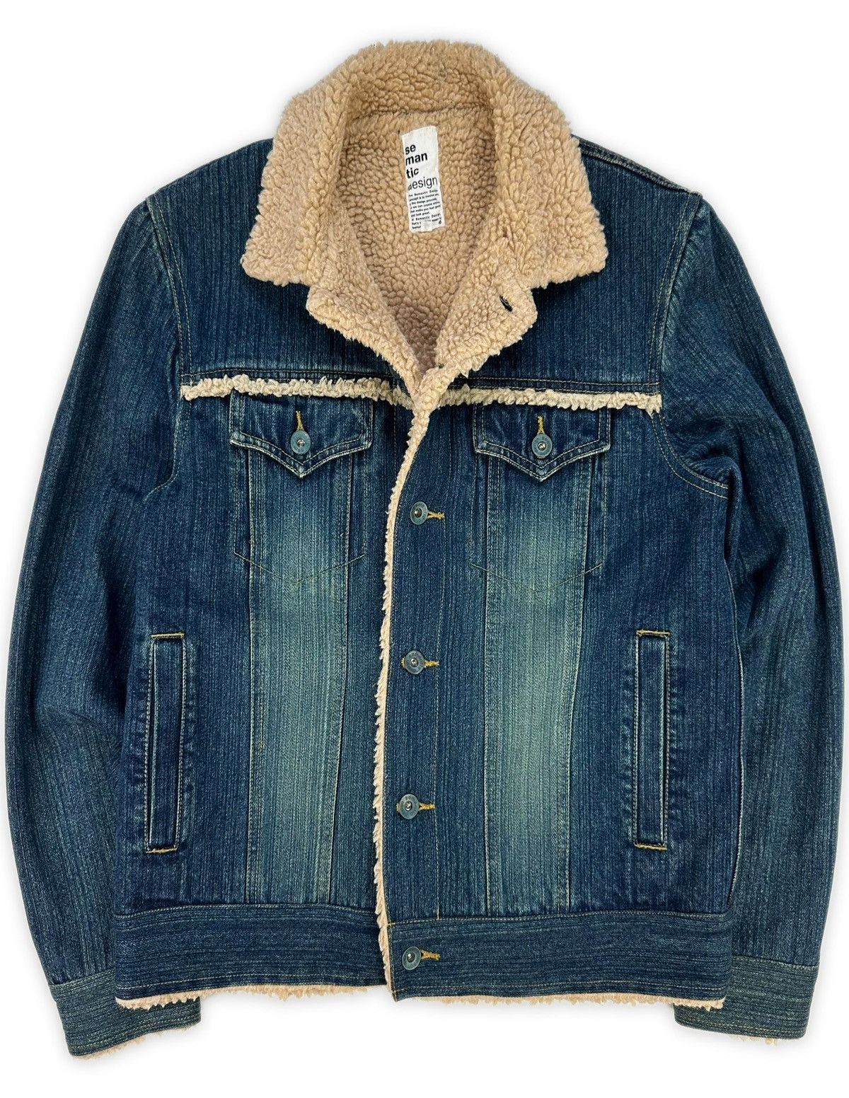 image of Semantic Design Shearling Lined Blue Denim Jacket, Men's (Size Large)
