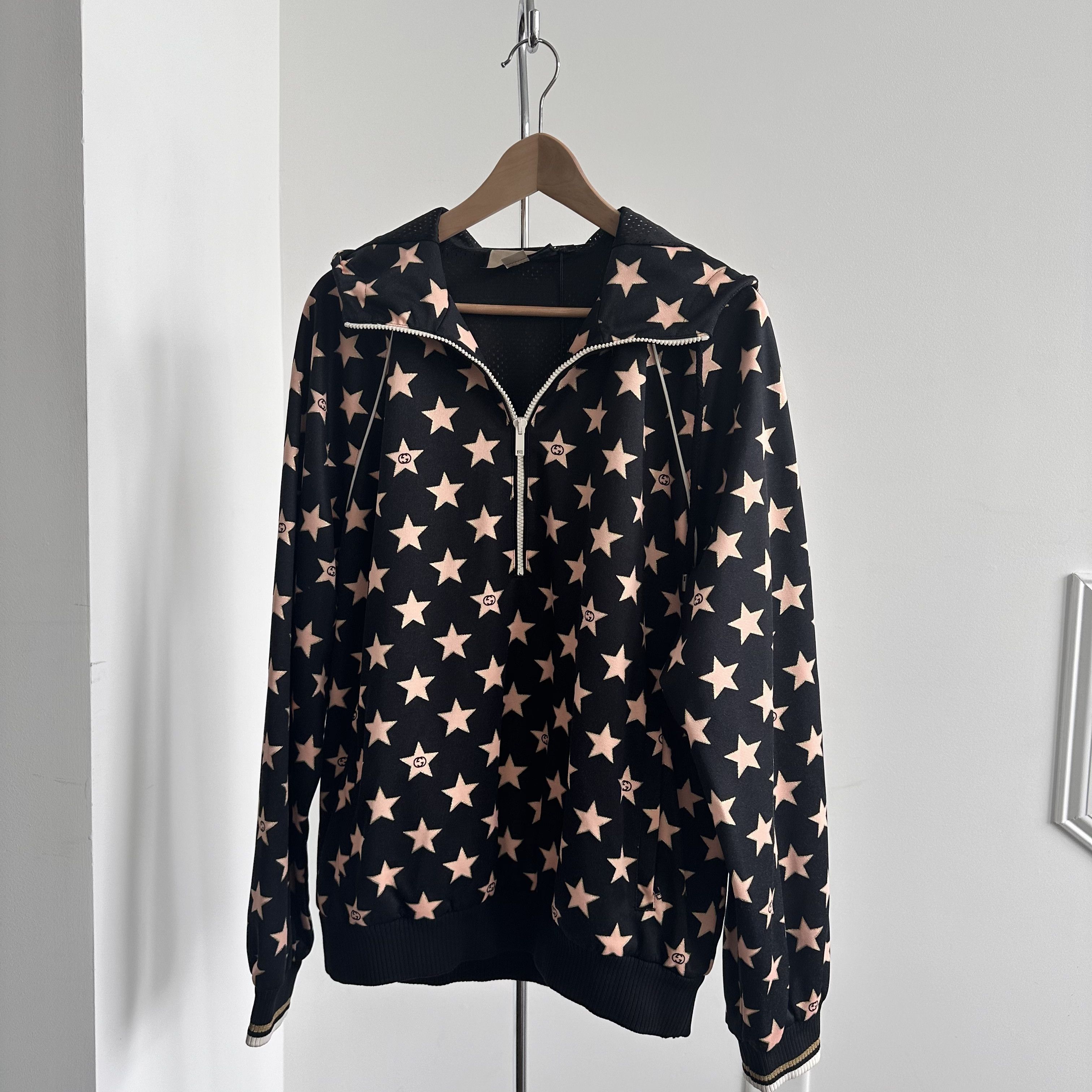 Gucci Inky Black Zip Up Hoodie with Baby Pink Star Print