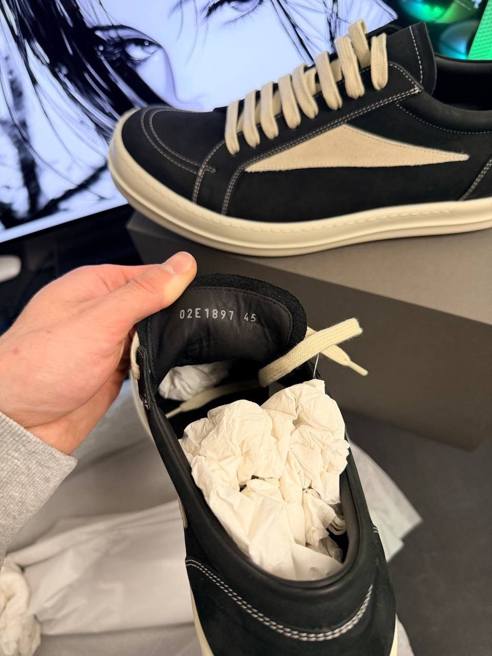 Rick Owens RU02E1897 LWNLVS VINTAGE SNEAKS 911 BLACK/MILKIMILK Size US 12 / EU 45 - 2 Thumbnail